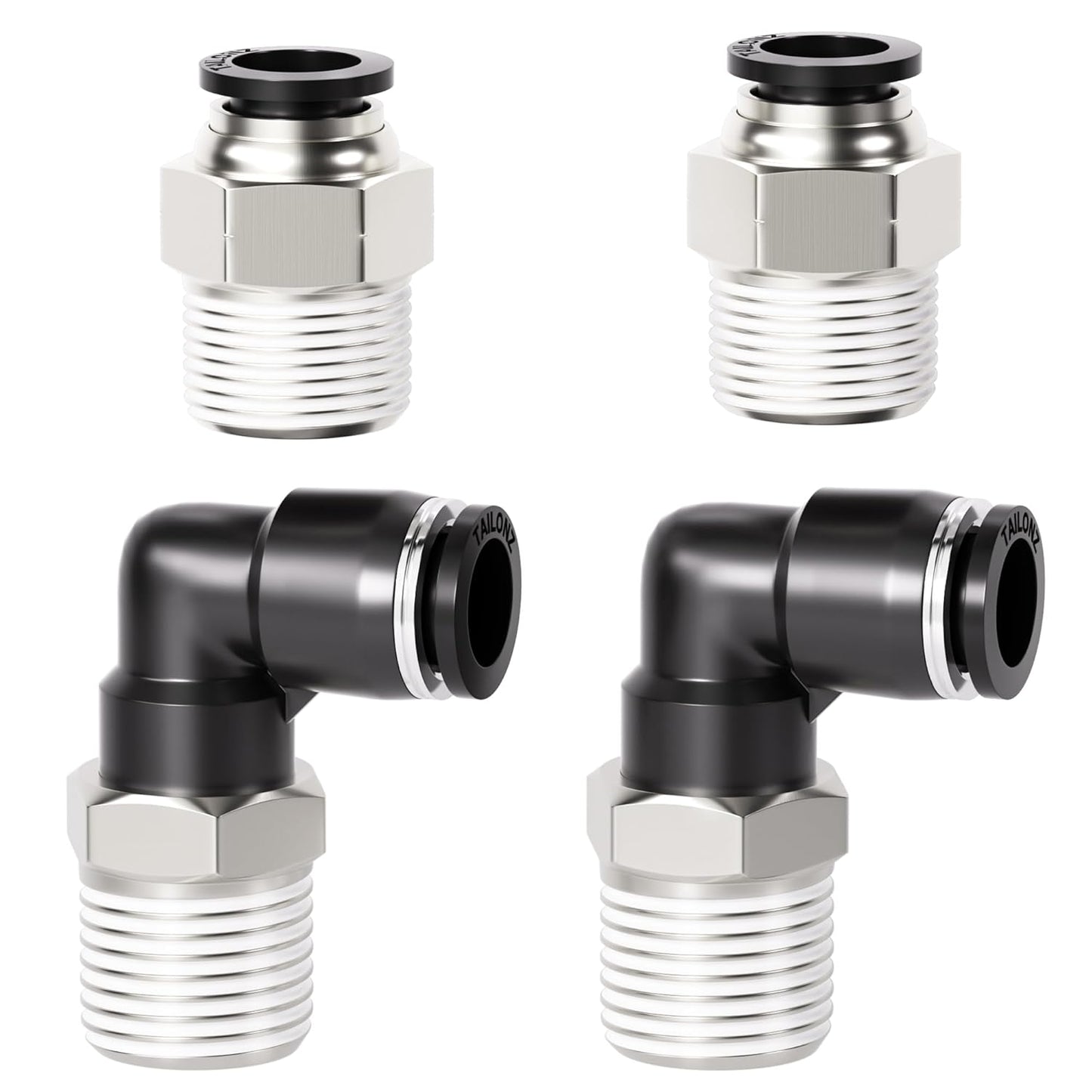 TAILONZ PNEUMATIC Elbow and Straight Combination 1/4 Inch Tube OD x 3/8 Inch NPT Thread Push to Connect Fittings PC-1/4-N3+PL-1/4-N3(Pack of 4)