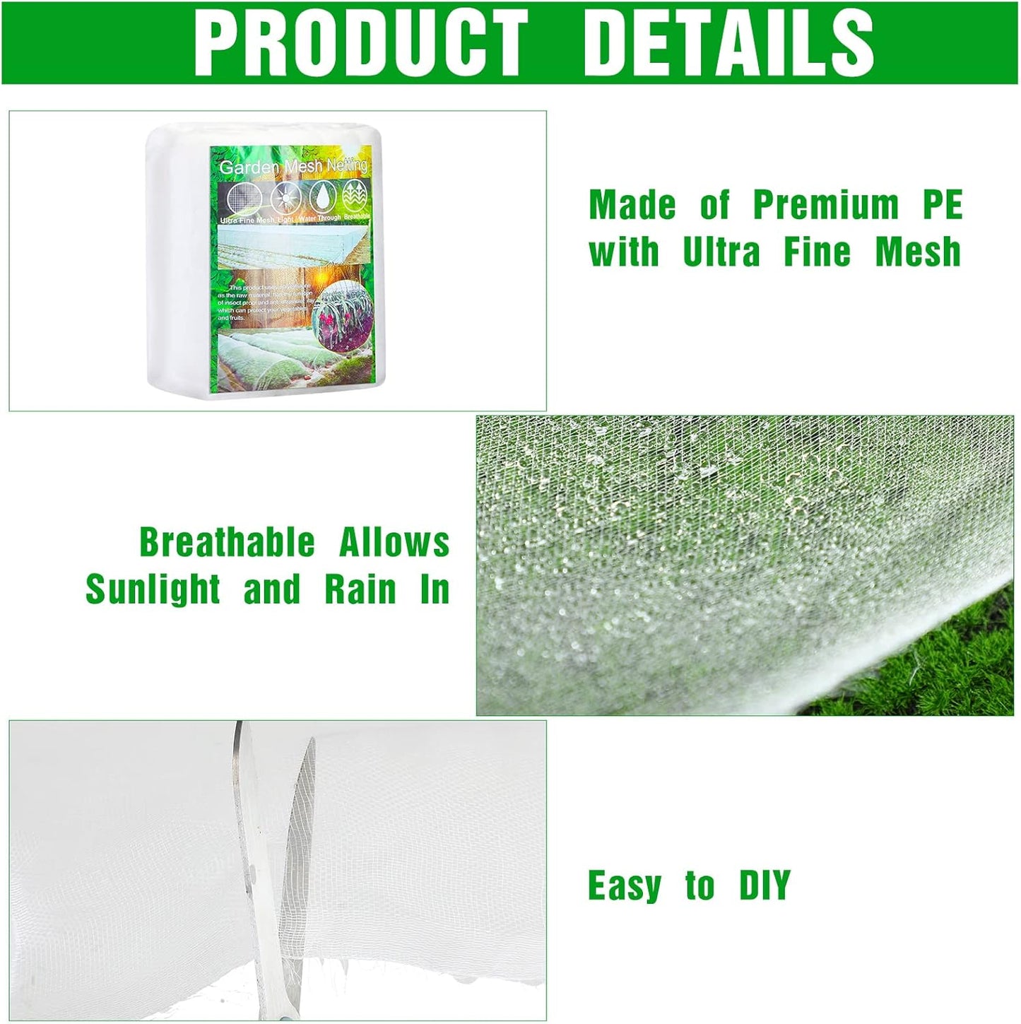 Woanger 10 x 100 FT Garden Netting Ultra Fine Mesh Bird Barrier Insect Netting for Raised Bed Vegetables Fruits Flowers Trees, Plant Row Cover for Garden Greenhouse Patio Protection (White)