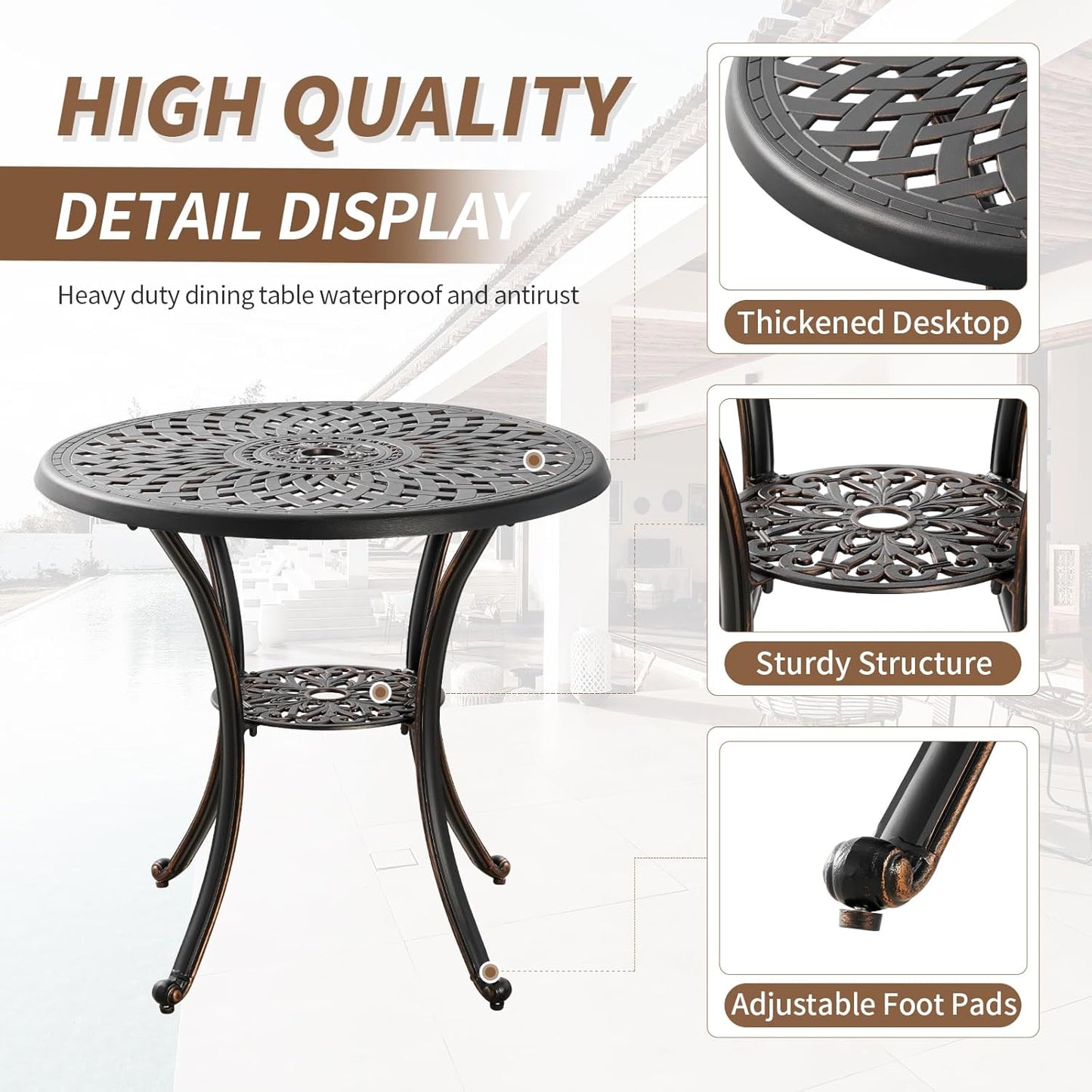 5 Piece Patio Dining Set, All Weather Cast Aluminum Outdoor Dining Table and Chairs Set of 4, Patio Furniture Conversation Set with 4 Chairs and 31" Round Table, 2.2" Umbrella Hole