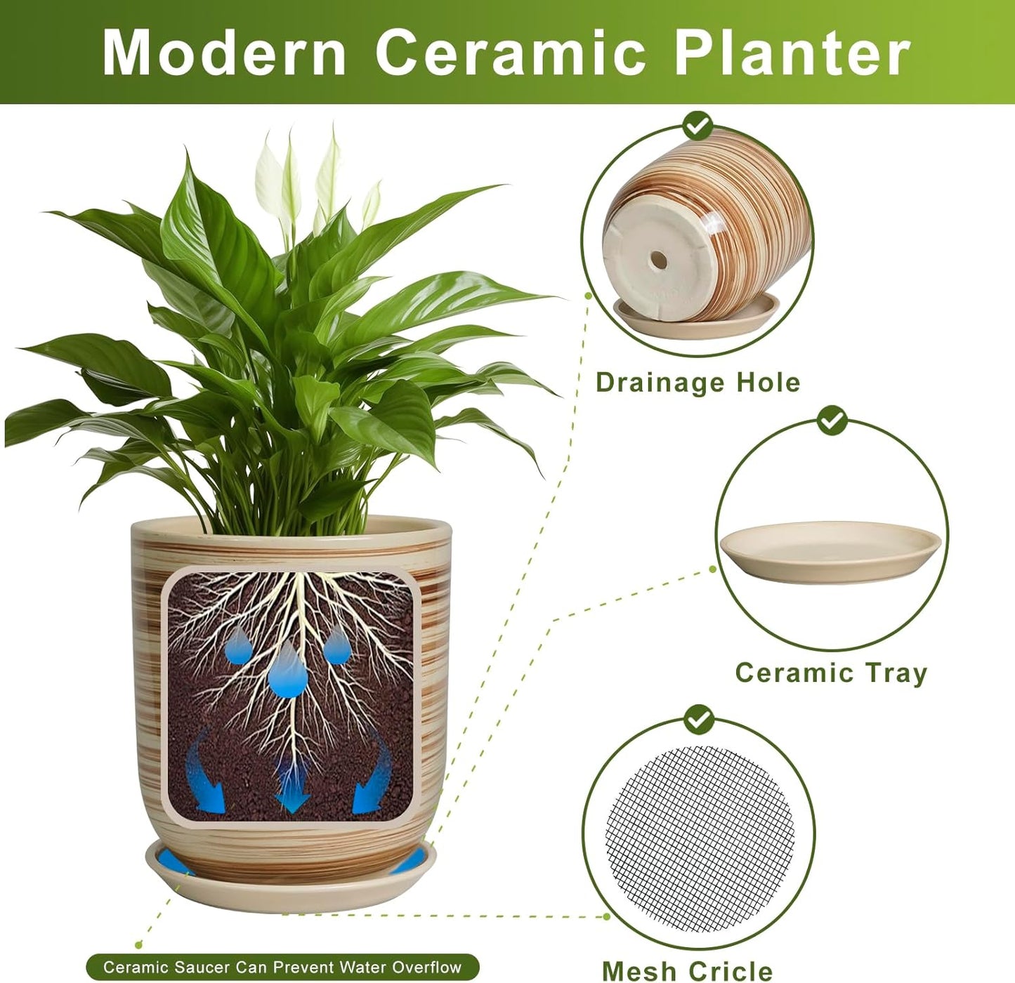 12 Inch Pots for Plants - Ceramic Planters for Indoor Plants, Large Planter Pot for Home Garden Patio Office with Drainage Hole Cylinder Flower Pot Yellow