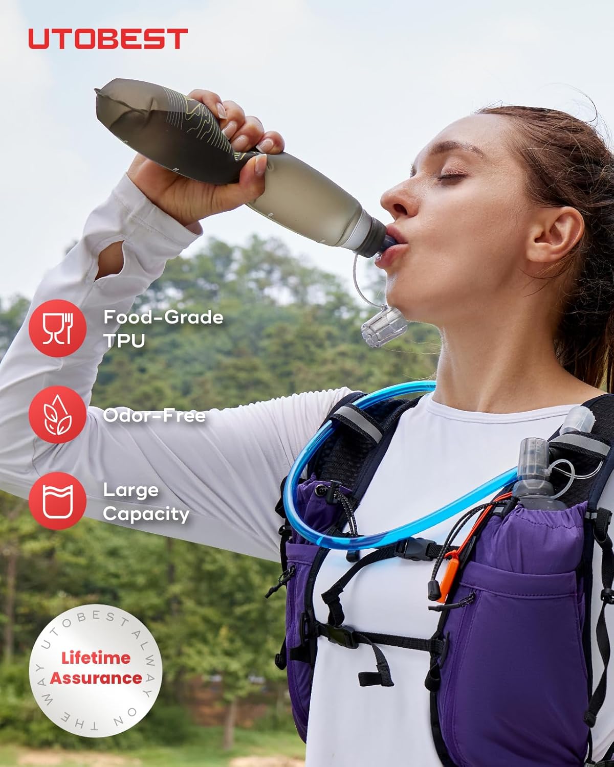 UTOBEST 500ml Soft Flask, 2 Pack Flexible TPU Hydration Water Bottle, Collapsible with 28mm Caliber for Running, Hiking, Cycling, Climbing, and Marathon Blue