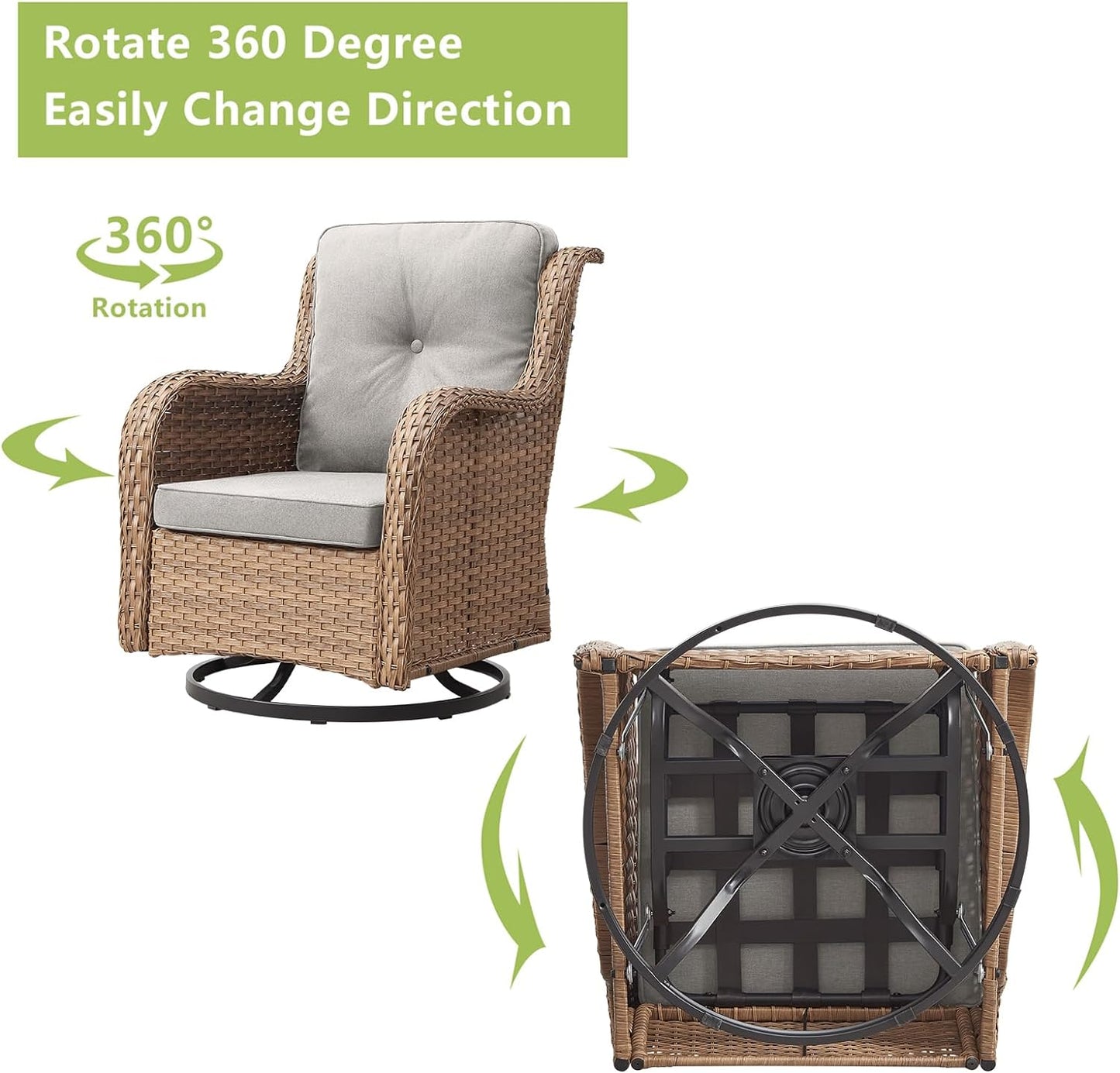 Outdoor Wicker Patio Furniture Set - 6 Piece Rattan Patio Conversation Set with 2 Rocking Swivel Chairs,2 Ottomans,1 Loveseat and 1 Side Table for Porch Deck Backyard Garden(Yellow/Beige)