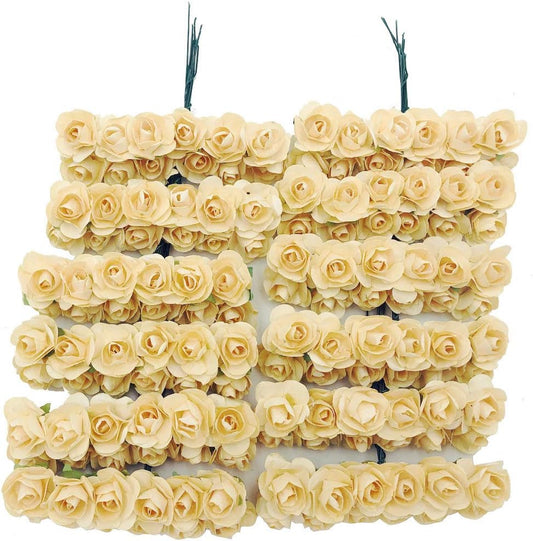 Mini Fake Rose Flower Heads 144pcs Mini Artificial Mulberry Paper Roses Flower with Wire Stem DIY Wedding Flowers Accessories Make Bridal Hair Clips Headbands Dress (Champagne)
