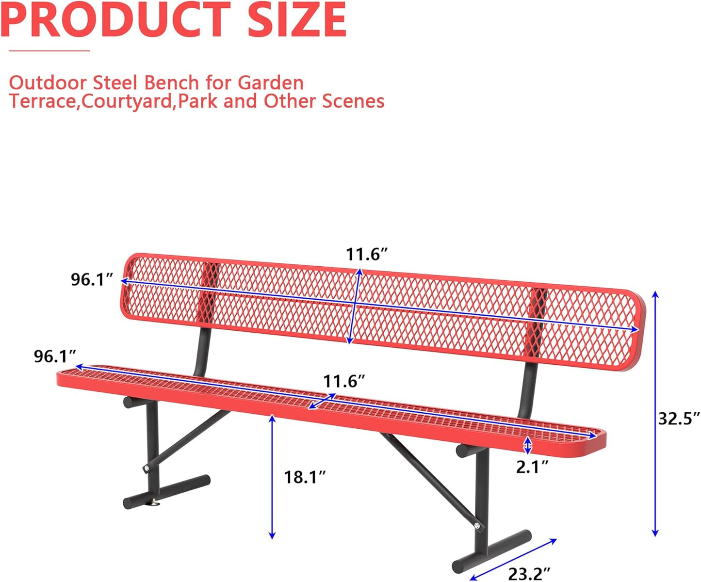 Heavy Duty Park Bench with Back Portable Frame, Outdoor Steel Bench with Backrest, Outdoor Park Bench Expanded Metal Mesh Bench for Lawn, Park, Deck, Garden, Patio, Porch, Black (Red, 8FT)