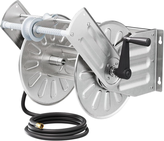 GREENER Stainless Steel Hose Reel for Outside,Wall Mount Garden Hose Holder Heavy Duty Metal Reel, 3/4" Solid Connector with 5/8" Inlet Hose and Crank,100-Feet 5/8" Hose Capacity