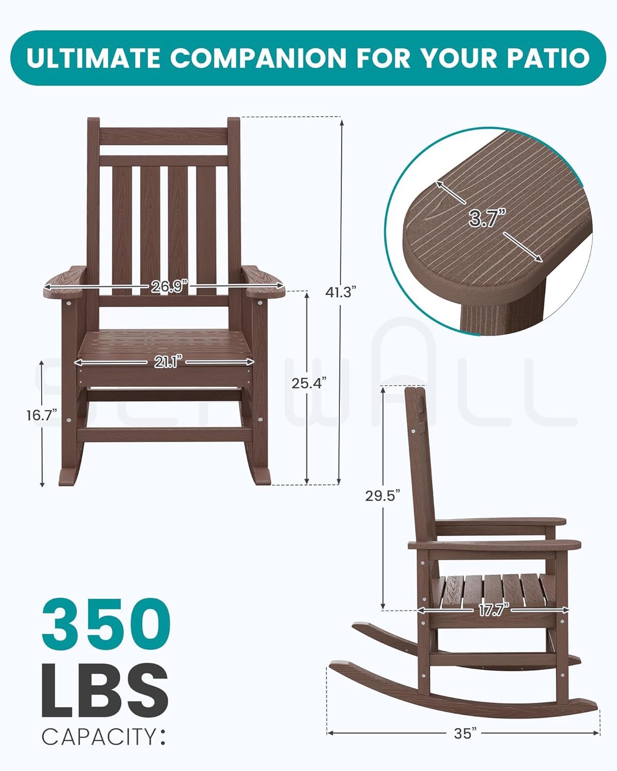 SEWALL HDPE Rocking Chair, Oversized Outdoor Rocking Chair for Adults, Patio Rocker for Porch, Brown
