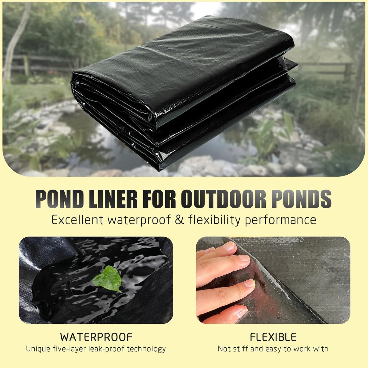yeezoo 25X25FT Reinforced PE Pond Liner, KOI Pond Liners for Outdoor Ponds, Enhanced 5-Layer Structure Pond Liner for Fish, Duck, Garden Raised Bed and Waterscape Pond(0.82oz/sq ft Thickness)