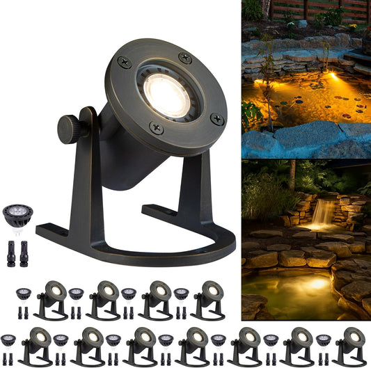Solid Brass Underwater Pond Light - 12V Low Voltage IP68 Submersible Bronze Fixture, with 4000K MR16 LED for Outdoor Pond Fountain Waterfall Landscape Lighting(12 Pack)