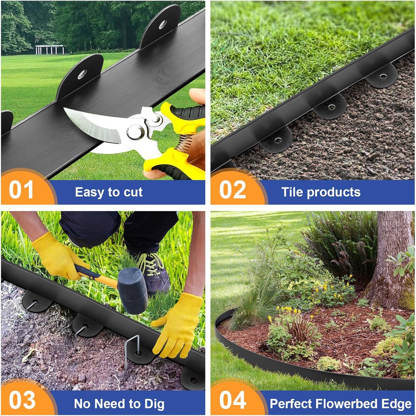 Landscape Edging, 1.5" x 100' Plastic Garden Edging with 120 Pcs Metal Spikes, Flexible Garden Border for Lawn, Landscaping, Flower Beds