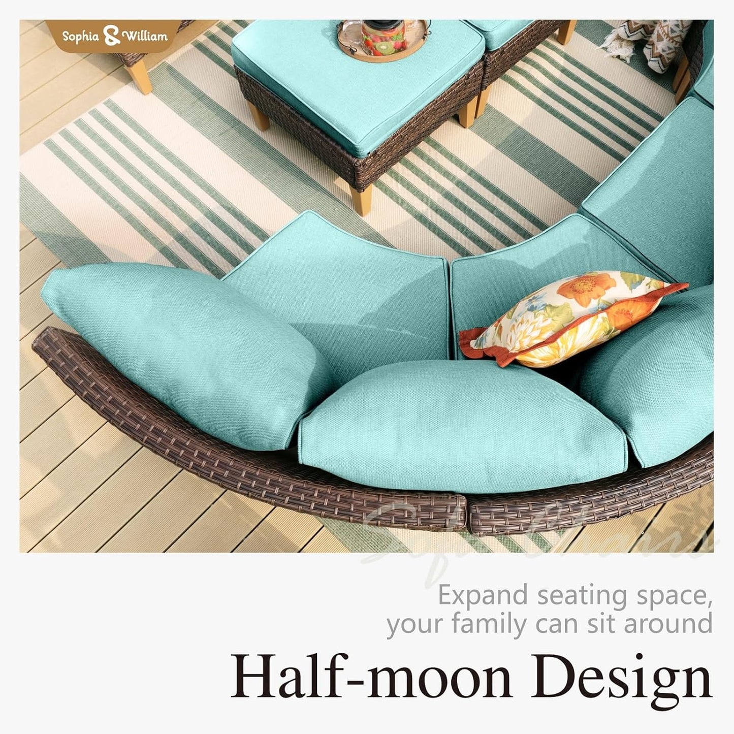 Sophia & William Patio Furniture Set with Fire Pit Table, 11 Piece Half Moon Outdoor Wicker Sectional Sofa Set, Rattan Conversation Set with 56-Inch Fire Pit Table & Ottoman (Aqua Blue)
