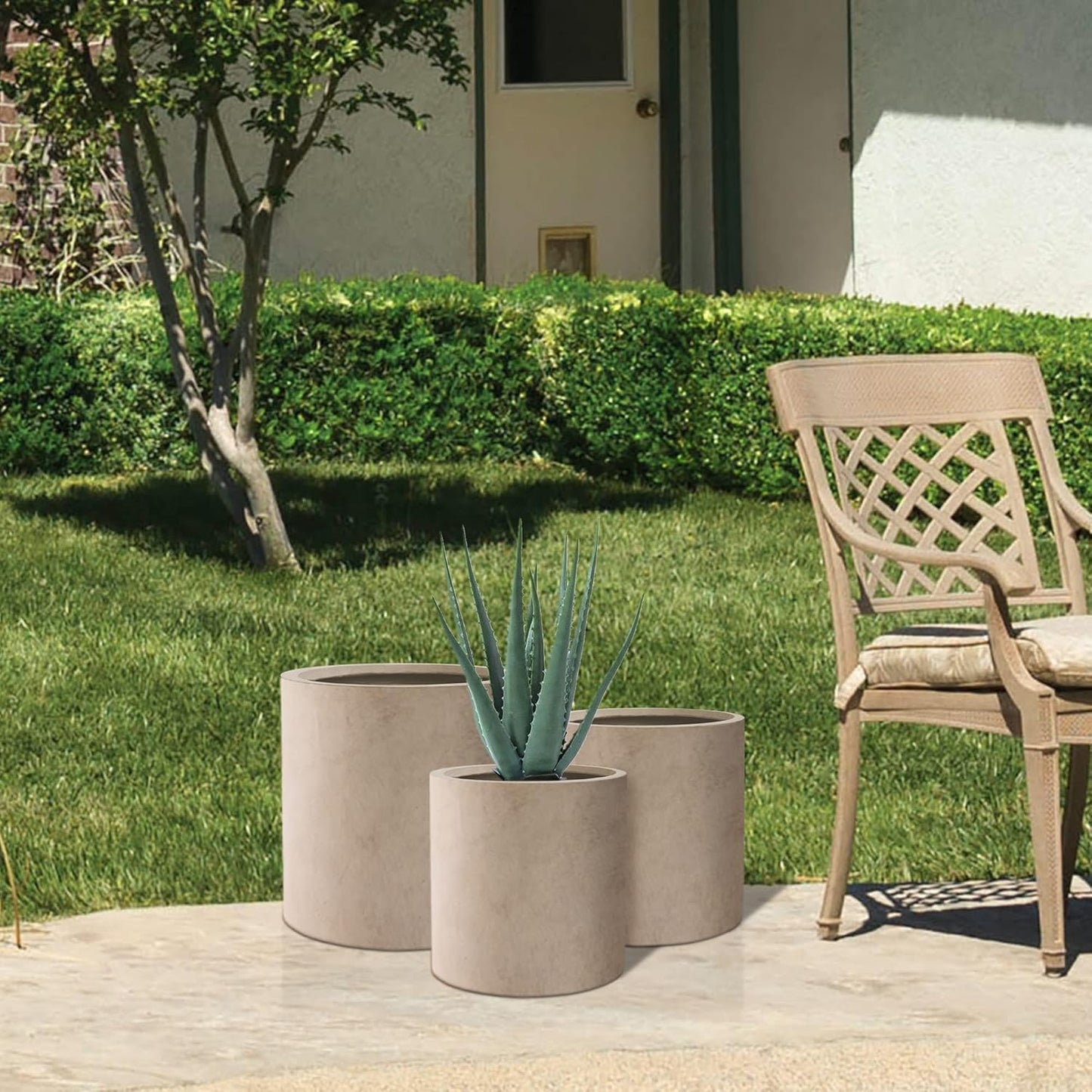Kante 9.8",12.6",15.7" Dia Round Concrete Planter Set of 3, Modern Style Large Cylindrical Plant Pot with Drainage Hole and Rubber Plug for Indoor Outdoor Patio, Weathered Concrete