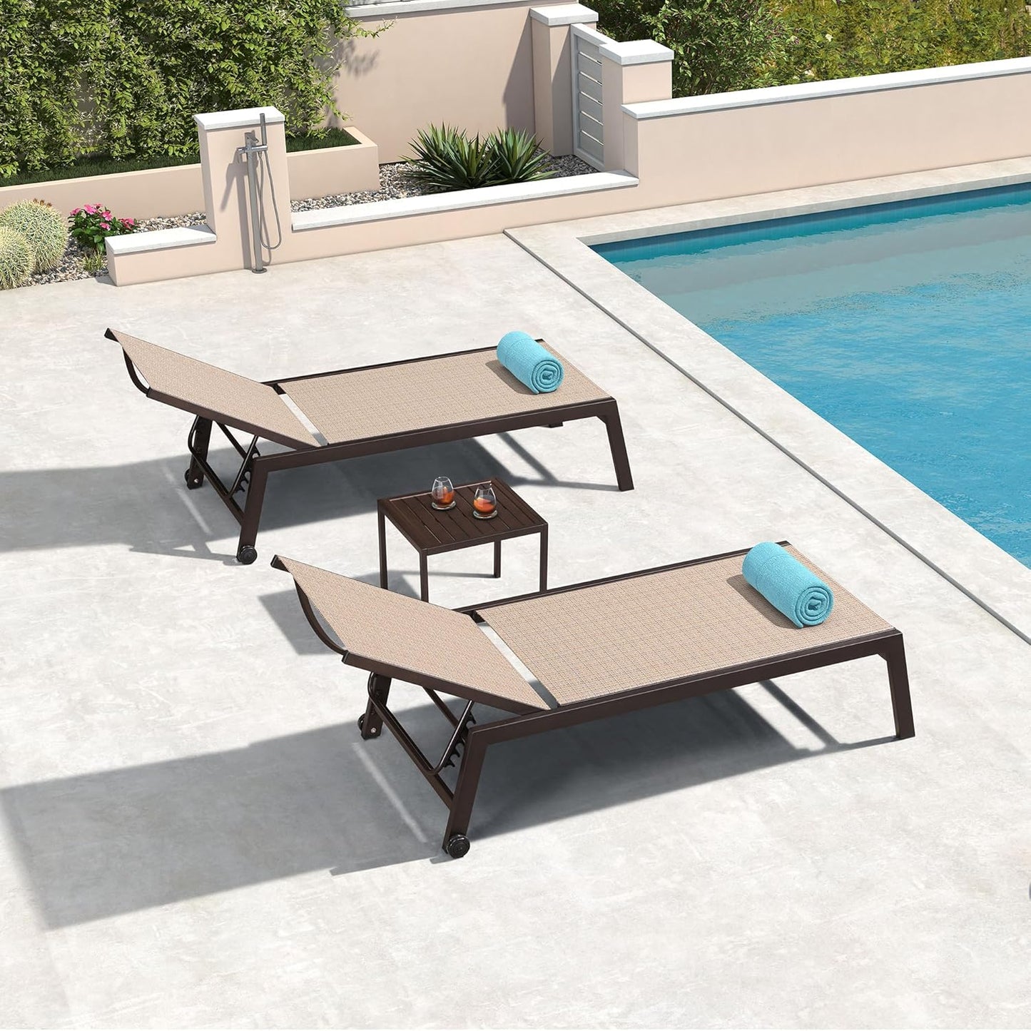 PURPLE LEAF Oversized Patio Lounge Chairs Set of 3, Reclining Pool Lounge Chairs with Side Table and Wheels for All Weather for Outdoor, Deck, Lawn, Aluminum Outside Pool, Light Tan