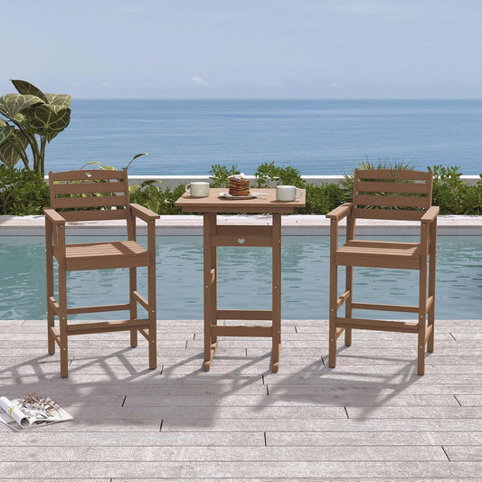 3-Piece Bar Height Patio Table and Chairs Set, HDPE Wood Grain Outdoor Bar Table and Chairs with Heart Cutout Design, Weather-Resistant Bar Height Furniture for Deck, Porch, Pool (Teak)