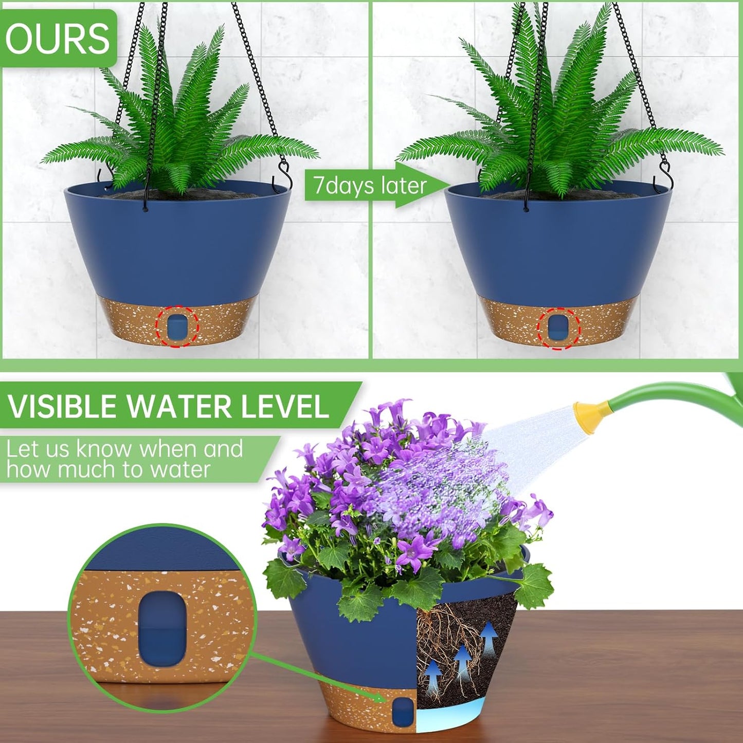 ZMTECH 8 Inch Hanging Planters for Indoor Plants, Hanging Baskets for Plants Outdoor with Visible Water Level, Hanging Flower Pots with Drainage Holes & Removable Tray(2 Pack, Blue)