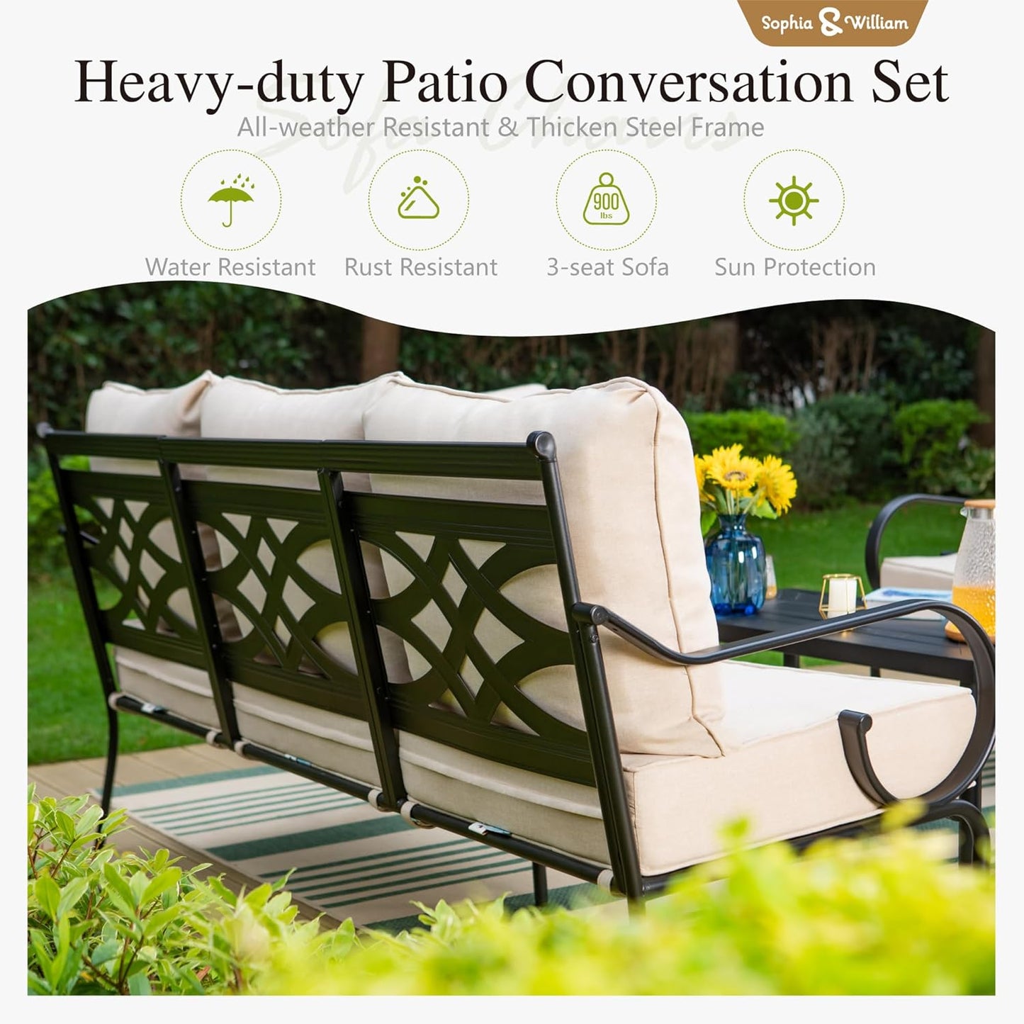 Sophia & William 6 Piece Patio Furniture Set with Fire Pit, Outdoor Conversation Sets 7 Seat Clearance with 45" Gas Fire Pit Table x 1, 3-seat Sofa x 1, Rocking Chair x 2,Cushioned Chair x 2, Beige