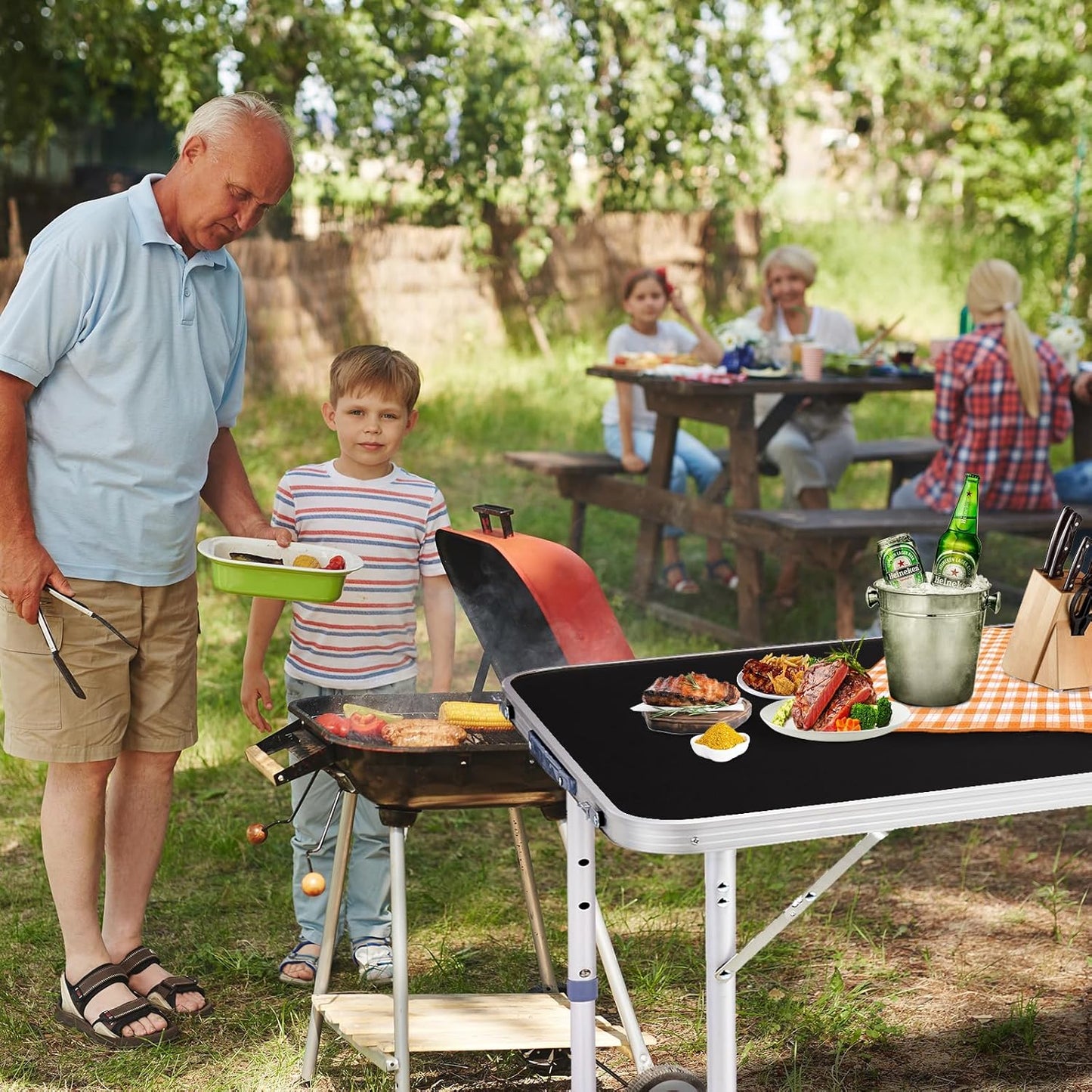 4.0 Ft Folding Portable Camping Table with Three Adjustable Heights, RV Tables for Inside a Camper, Outdoor, BBQ, Dining, Picnic, Cooking, Beach, Garden, Black