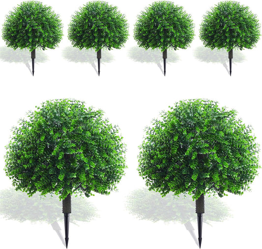 Yunlly 6 Pcs 18 Inch Artificial Boxwood Ball Topiary Tree Fake Outdoor Plants Bush, UV Resistance Faux Shrubs with Spike Realistic Greenery Potted for Indoor Garden Yard Porch Patio Decor (Green)