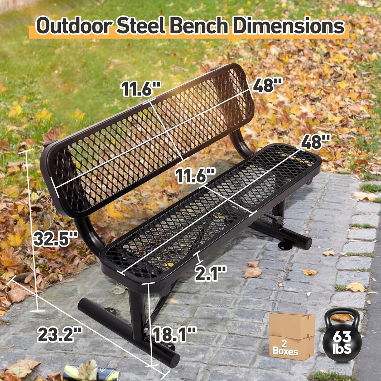 Thermoplastic Coated Iron Park Bench for Outside, Heavy Duty Metal Garden Bench, Expanded Commercial Grade Seating for Shopping Malls, Lawn Yard Porch Entryway (Black with Backrest, 48IN)