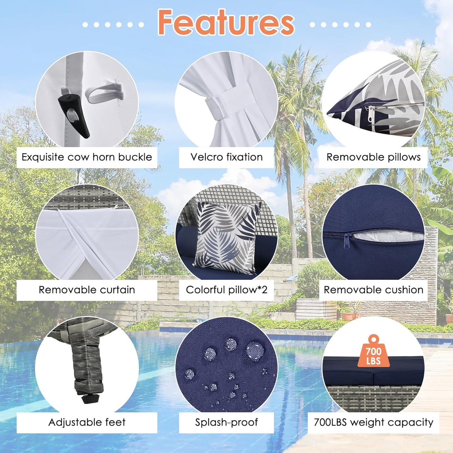 kevinplus Outdoor Patio Sunbed Daybed with Tent for Garden Backyard Pool, Adjustable Feet & Weather-Resistant Rattan Material, Gray and Blue