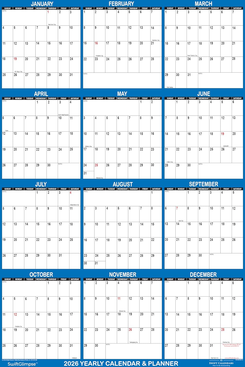 24" x 36" SwiftGlimpse 2026 Paper Folded Wall Calendar Large 12 Month Annual Yearly Wall Planner, Reversible, Horizontal/Vertical, Navy