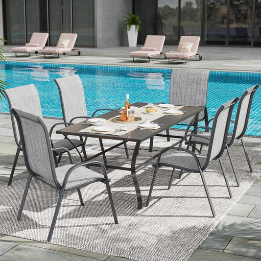 UDPATIO Patio Dining Set of 7, Outdoor Table and Chairs Set with Square Metal Table, 6 Stackable Patio Chairs with High Back, Outdoor Furniture for Deck Garden Backyard Lawn Poolside (Light Grey)
