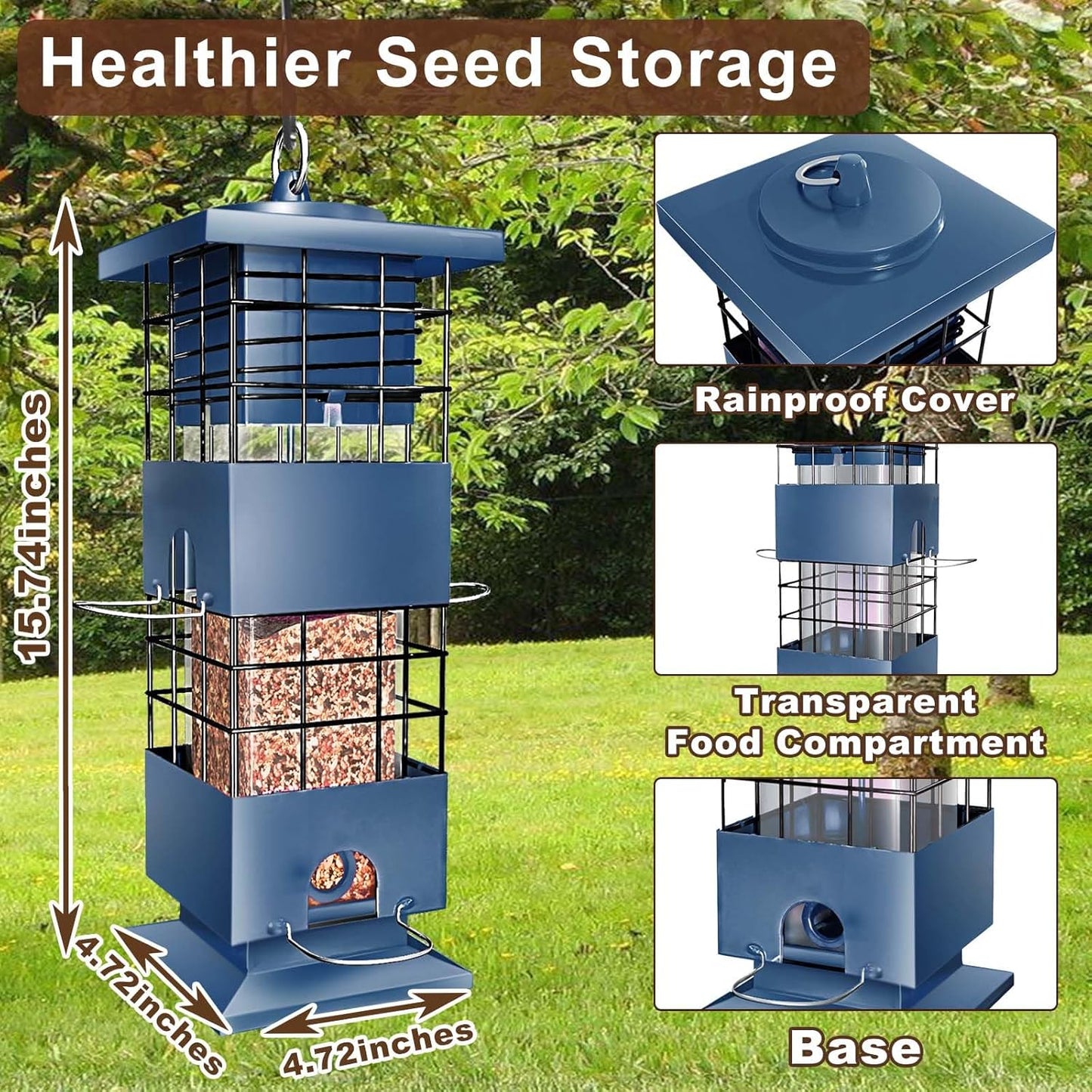 Bird Feeder 3LBS Metal Anti-Squirrel Wild Birdseed Feeder for Finch Cardinal Blue Jay Outdoors Hanging (Blue)