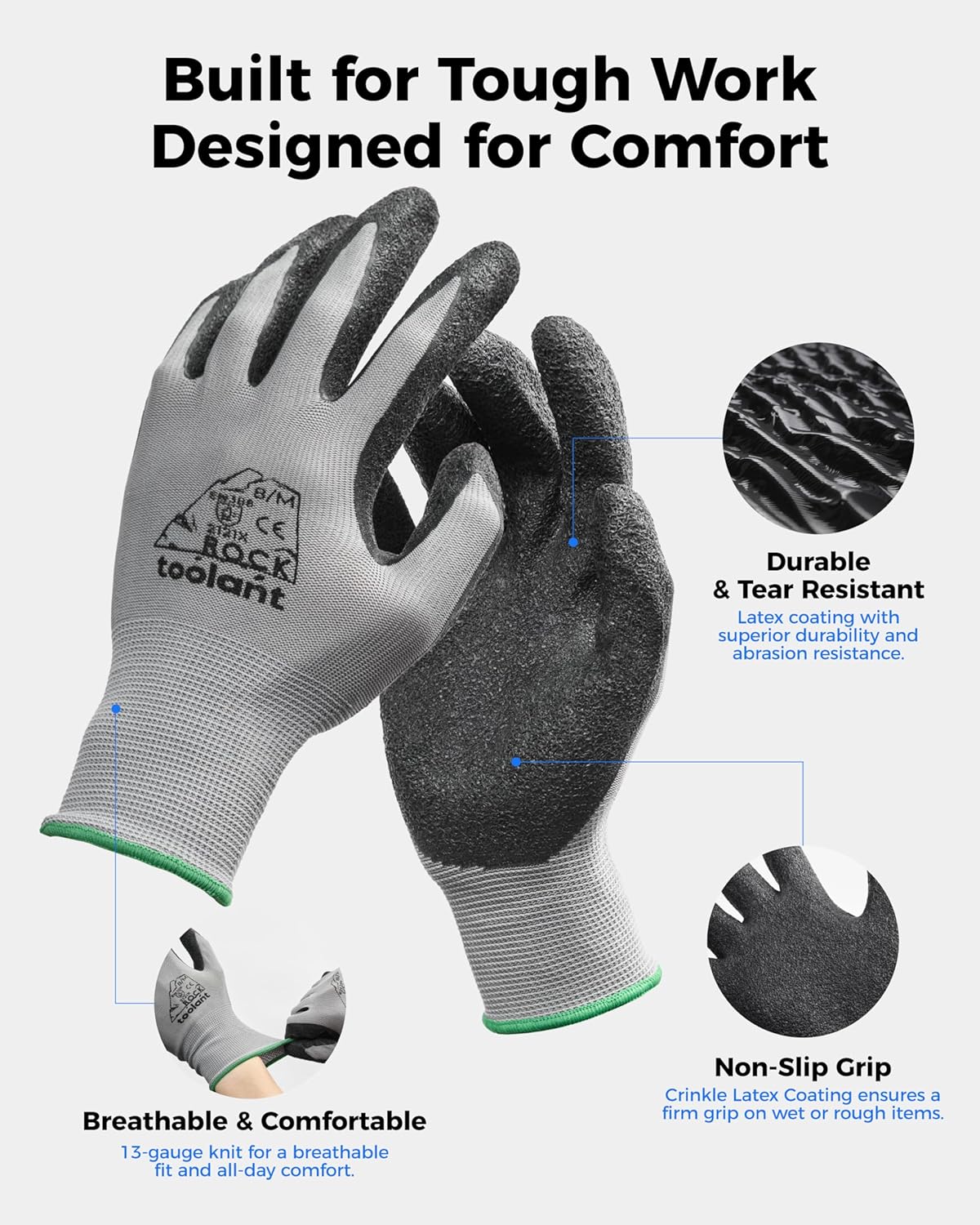 toolant Crinkle Latex Work Gloves Bulk, Rubber Coated Safety Work Gloves for Men and Women, 120 Pairs for Construction, Gardening, Warehouse (Black, Large)