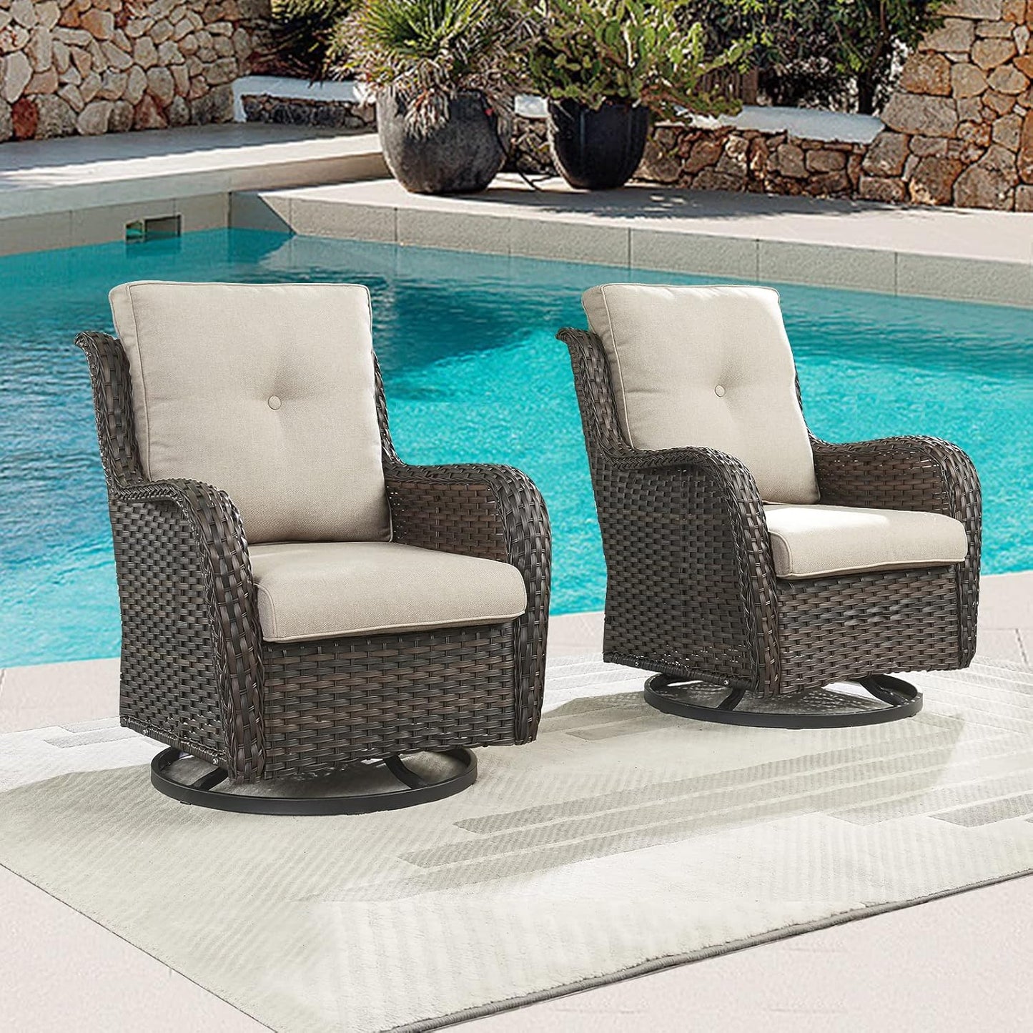 Outdoor Patio Swivel Rocker Chairs - Wicker Rattan Patio Swivel Rocking Chairs Set of 2 with High Back,Deep Seating and Comfort Cushions for Deck Porch Garden,Brown/Beige