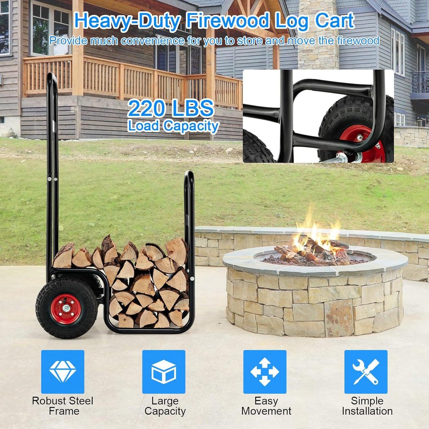 S AFSTAR Firewood Cart with Wheels, Heavy-Duty Steel Wood Log Carts w/Shockproof Wheels & Portable Handle, 3.6ft/44“H Rolling Firewood Log Carrier, Wood Storage Rack Mover, 220 lbs Weight Capacity