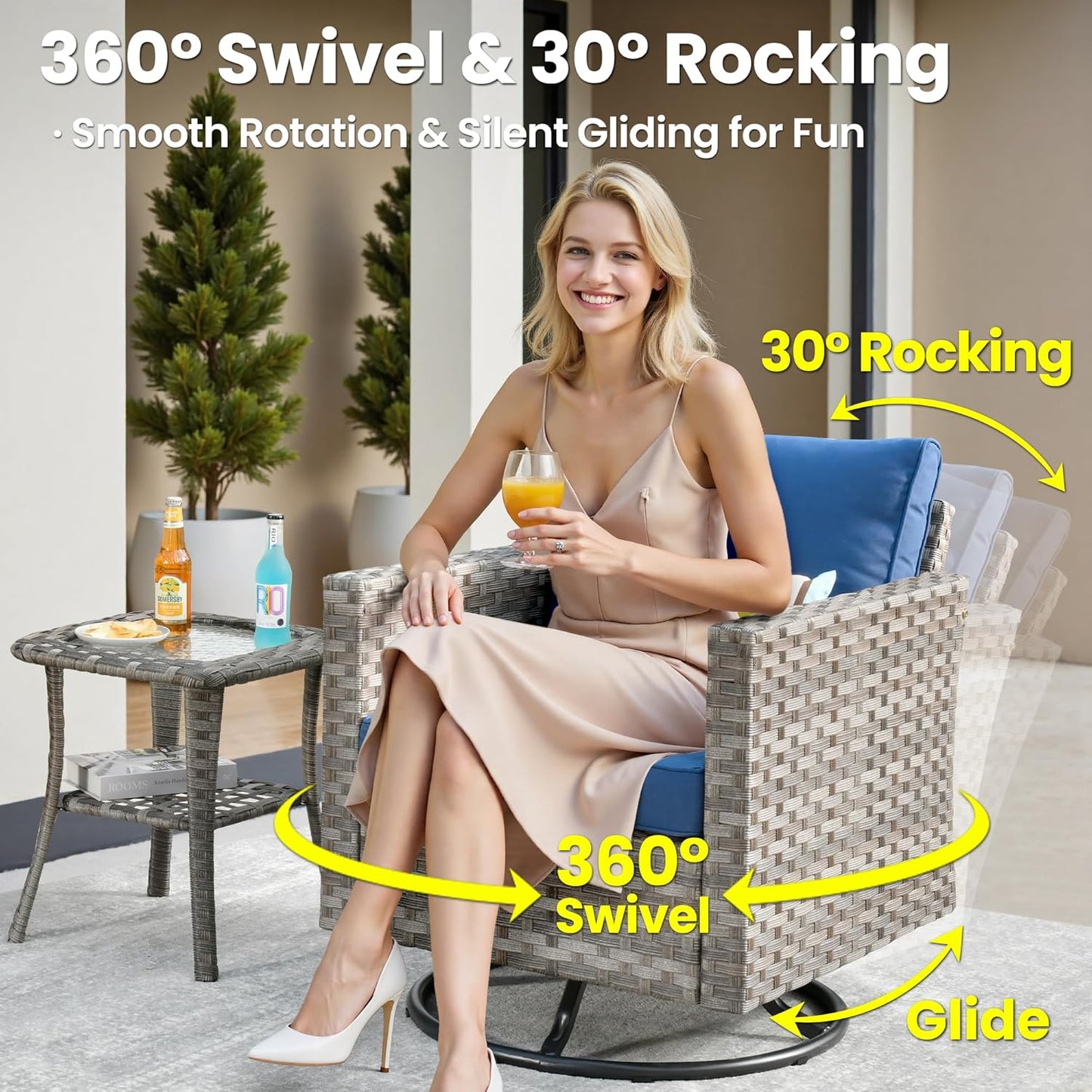 ovios 8 Pieces Patio Furniture Set, Outdoor Wicker Sectional Sofa with Swivel Chair Coffee Table, Modern Modular Deep Seat Rattan Couch Conversation Sets, Navy Blue