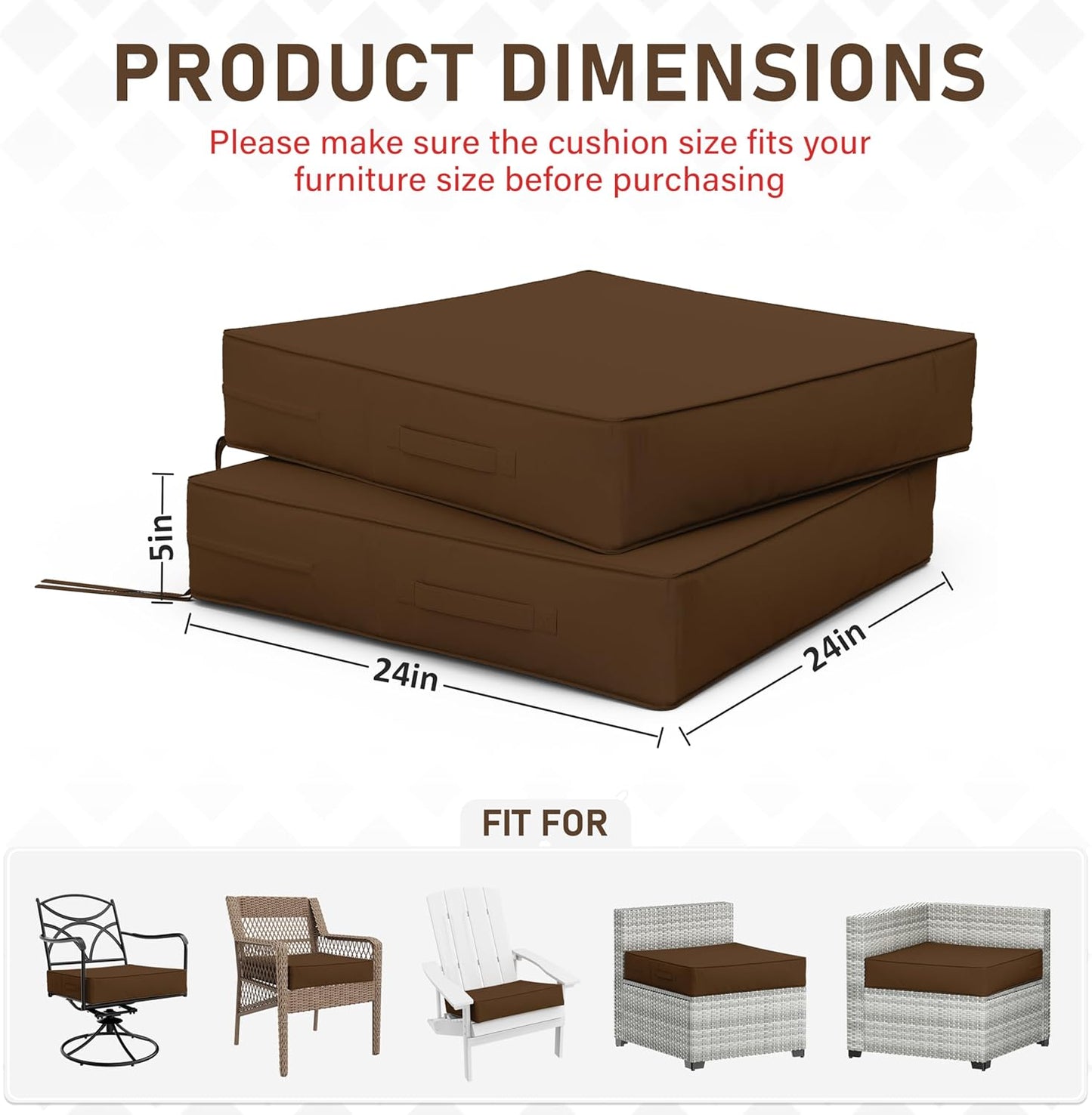 Patio Chair Cushions 24 X 24 X 5 Inch Waterproof Outdoor Seat Cushions for Patio Furniture, Outdoor Sofa Couch Pads with Ties & Handle, Set of 2, Chocolate