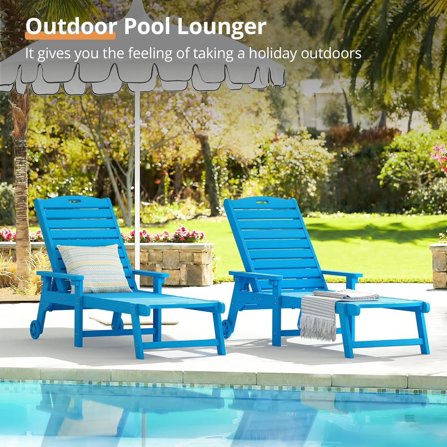 LUE BONA Outdoor Chaise Lounge Chairs Set of 4, 79'' Oversized HDPS Chaise Lounger, 5 Positions Adjustable Lounge Chairs, Pool Lounge Chair with Wheels for Poolside, Backyard, 3 Year Warranty, Blue