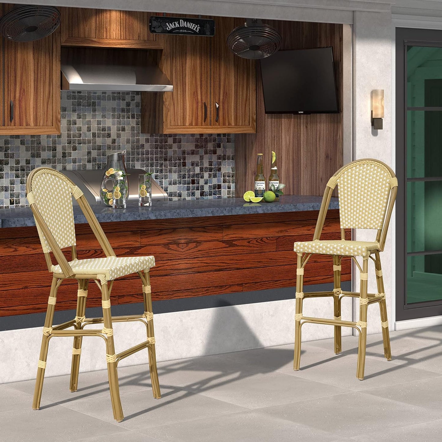 PURPLE LEAF French Counter Height Bar Stool Set of 2 25" Bamboo Print Finish Patio Bar Chairs with Back Rattan Bar Chairs French Bistro Set for Kitchen Outdoor Counter Stool Cream Yellow
