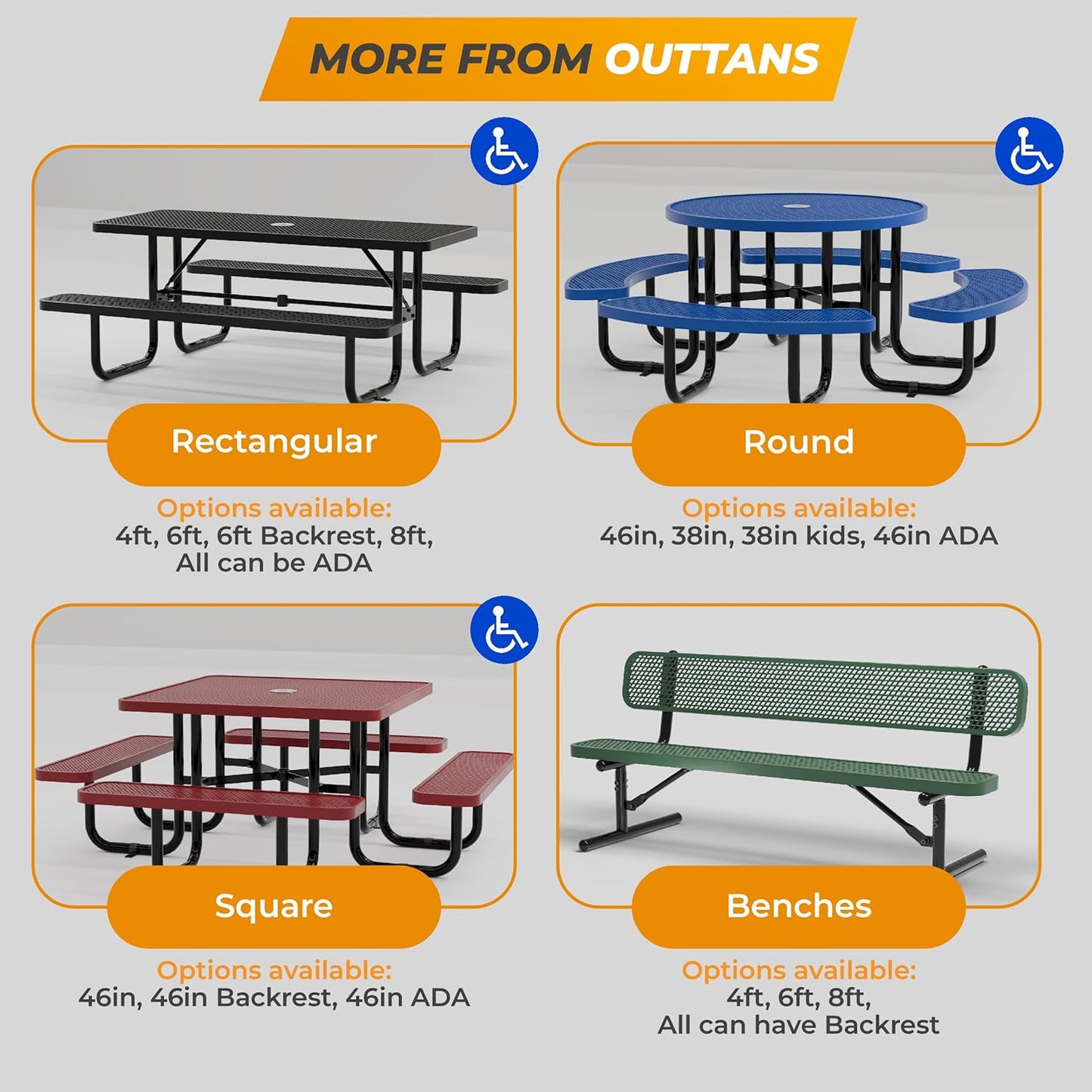 Heavy-Duty Outdoor Metal Bench, Thermoplastic-Coated, Surface, Weatherproof, Commercial-Grade for Parks, Gardens, Patios, Stores & More (8 Ft - Surface with Back, Blue)