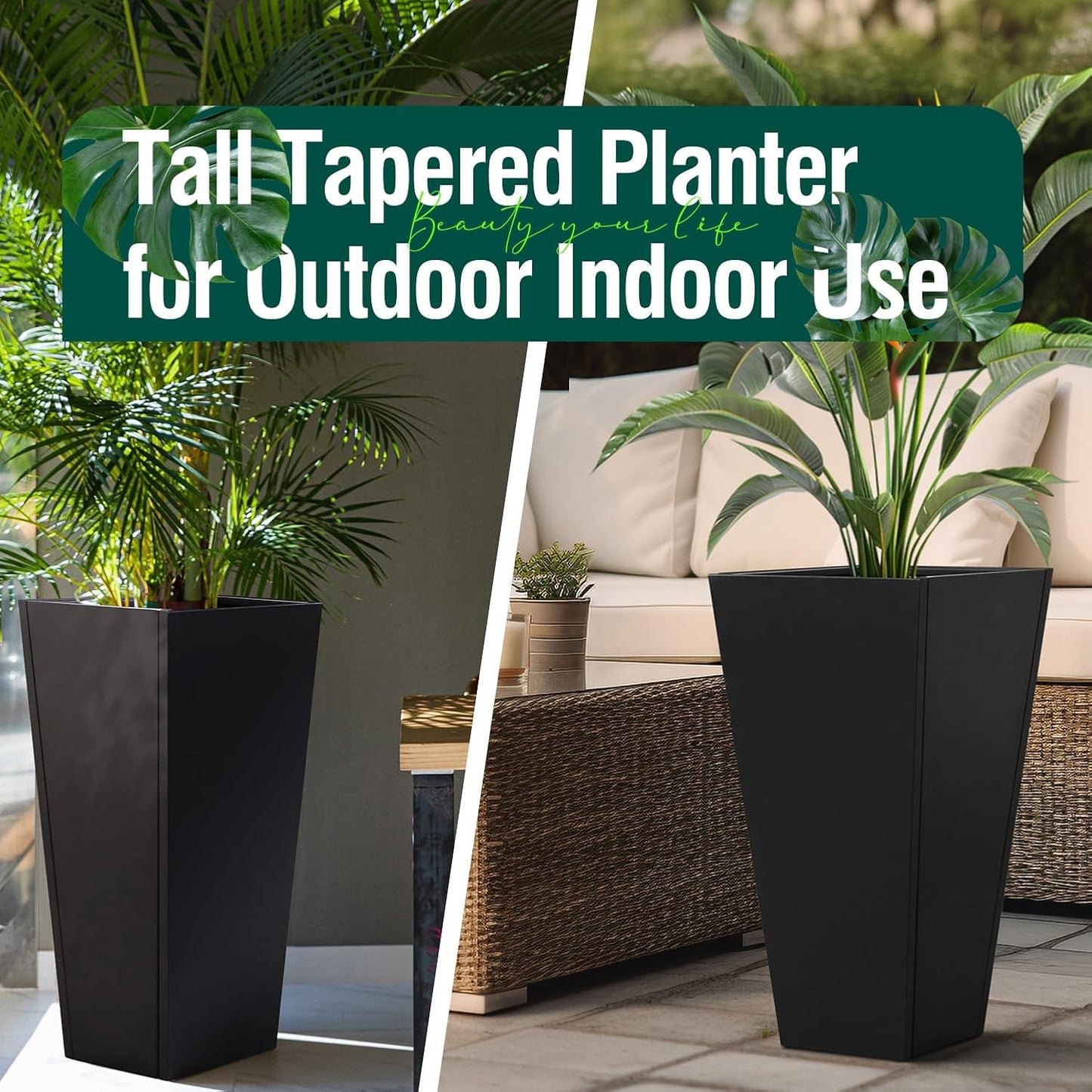 Tall Tapered Planter Front Porch Metal Flower Plant Pot Black 26 in Indoor Outdoor Galvanized Steel Modern Planter for Garden Patio Grande Plant Tree Commercial Residential