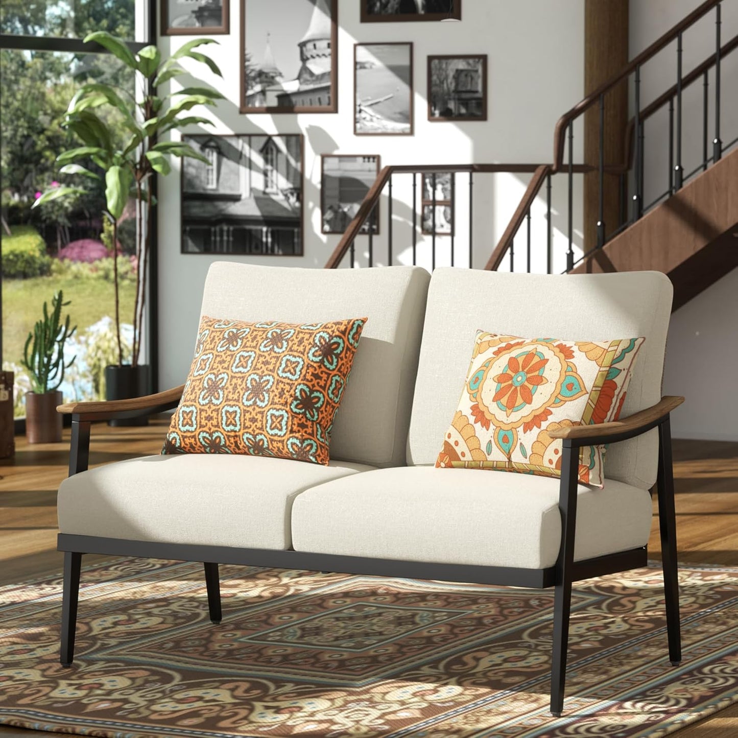 NATURAL EXPRESSIONS Patio Loveseat Sofa Outdoor Furniture Metal Chair with Wicker Backrest & 6 Inches Cushion for Indoor, Front Porch, Deck, Balcony, Backyard, 51.77"(L) x 29.75"(W) x 33.86"(H).