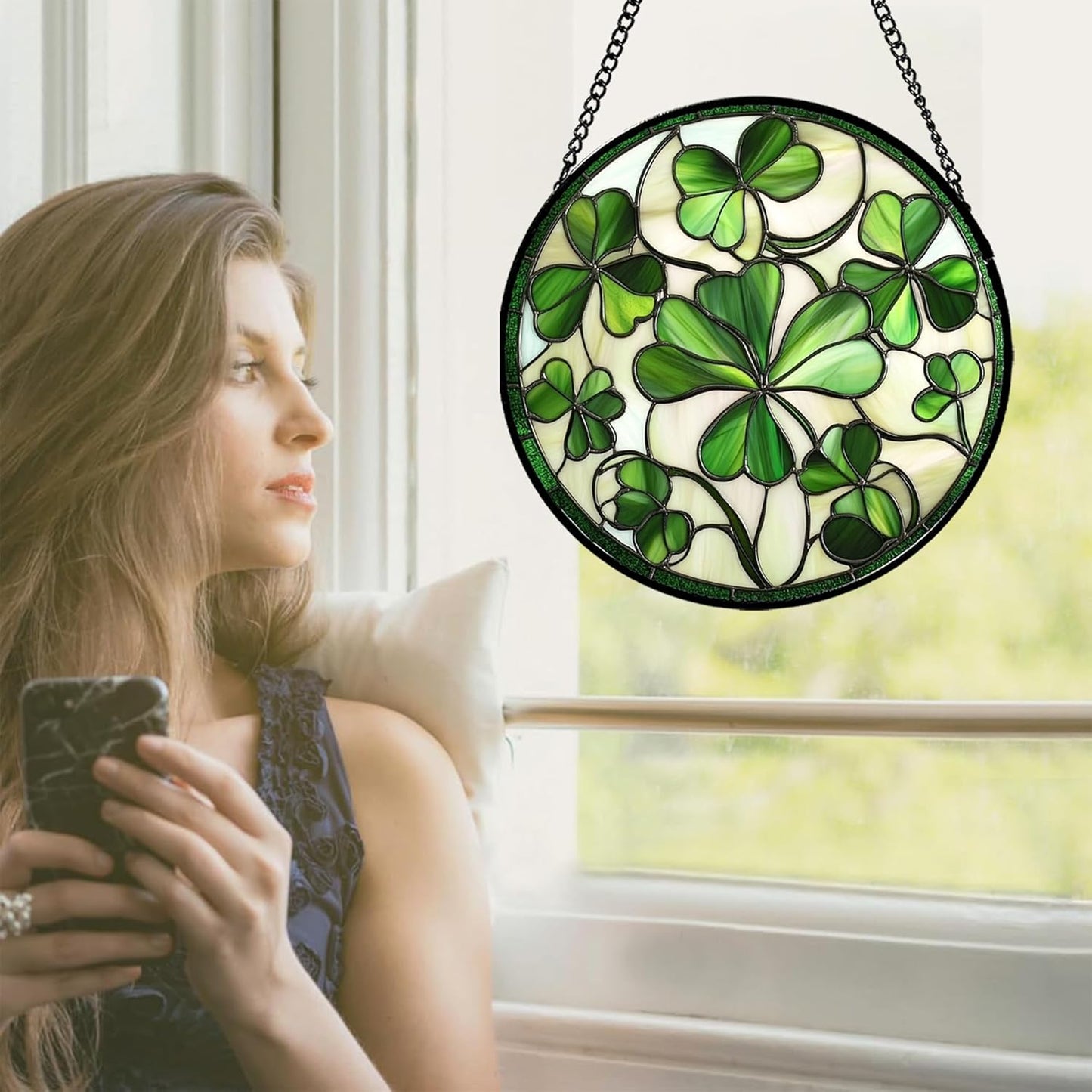 Stained Glass Window Hanging - Green Clover Flowers Suncatcher for Doors Garden St. Patrick's Day Plant Floral Sun Catchers Decor Mother's Day Birthday Gifts for Women Men Mom Nana 7.8 in