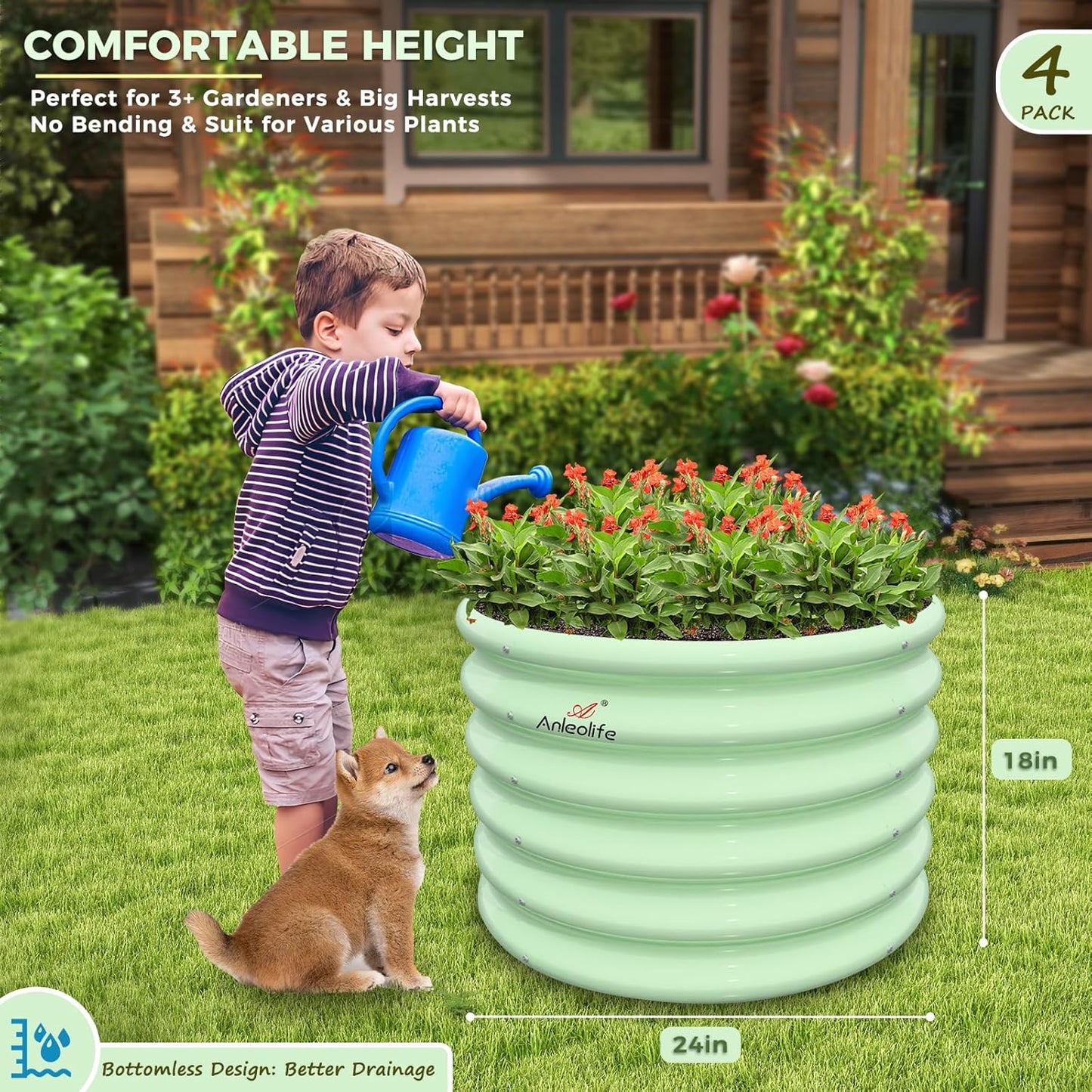 A ANLEOLIFE Kids Raised Garden Beds Outdoor (4-Pack)-24x24x18in Round Galvanized Metal Planter Box for Planting Vegetables, Flowers, Fruits, Eco-Safe & Easy Setup, Mint Green