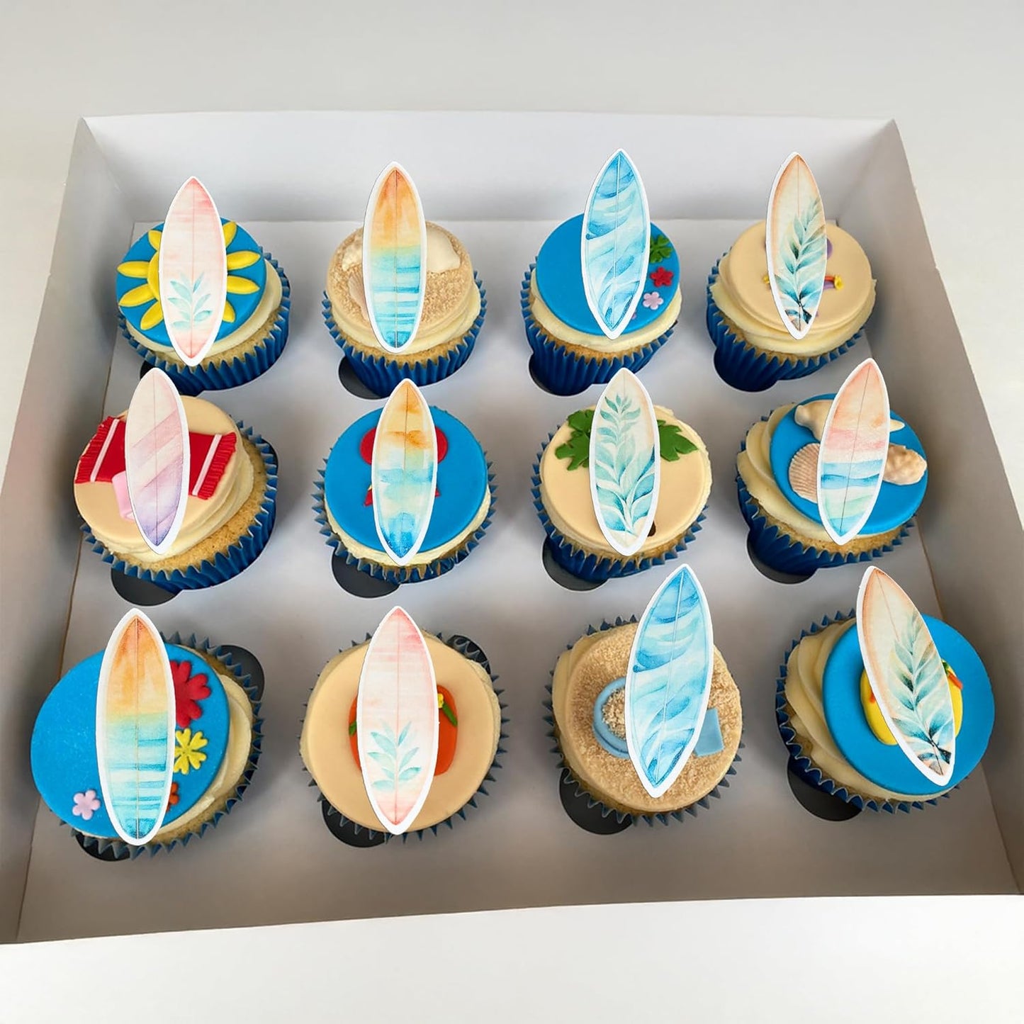 Ephlyn 54Pcs Edible Surfboard Cupcake Toppers Wafer Paper Surfboard Mini Accents for Swimming Pool Summer Beach Party Luau Birthday Baby Shower Party Supplies Blue Pink Yellow