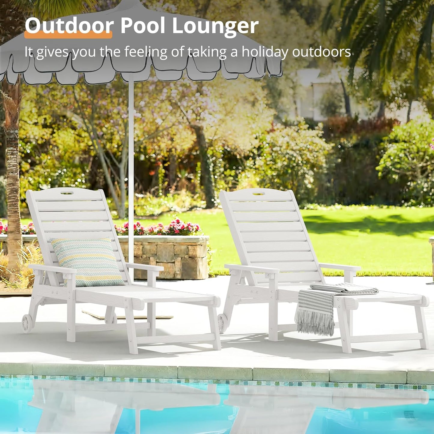 LUE BONA Outdoor Chaise Lounge Chairs Set of 2, 79'' Oversized HDPS Chaise Lounger, 5 Positions Adjustable Lounge Chairs, Pool Lounge Chair with Wheels for Poolside, 3 Year Warranty, White