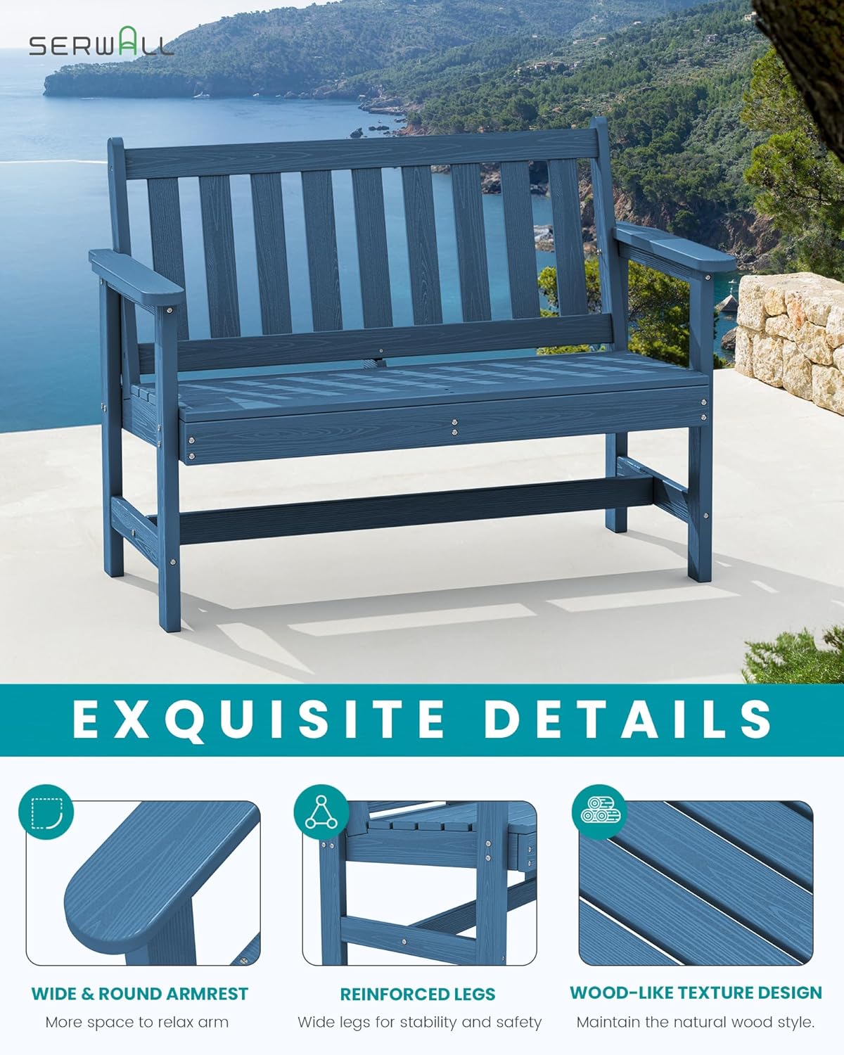 SERWALL Outdoor Bench, HDPE Outdoor Benches Weatherproof, 2-Person Garden Bench with 660 lbs Weight Capacity, Patio Benches for Outdoors, Garden, Porch, Backyard and Park, Navy Blue