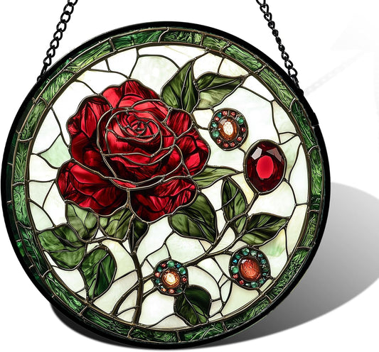 Stained Glass Window Hanging, Red Rose Gemstone Green Sun Catchers Diamond Glass Panel Hangings Suncatcher Decor for Birthday for Women, Men, Wife, Aunt, and Mom 11.8x11.8 in