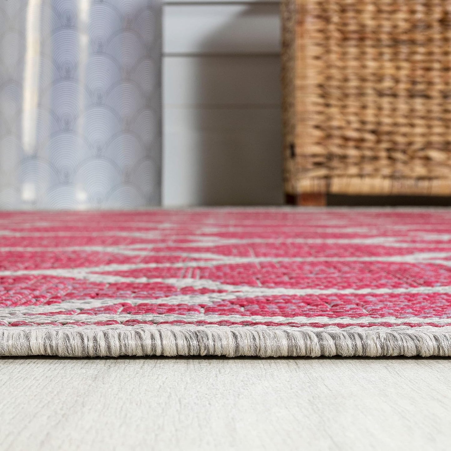 Eyely BMS109H-5R Santa Monica Trebol Moroccan Trellis Textured Weave Indoor/Outdoor Area Rug Coastal;Bohemian, Bedroom, Backyard, Patio, Easy-Cleaning, Non-Shedding, 5' Round, Fuchsia/Light Gray