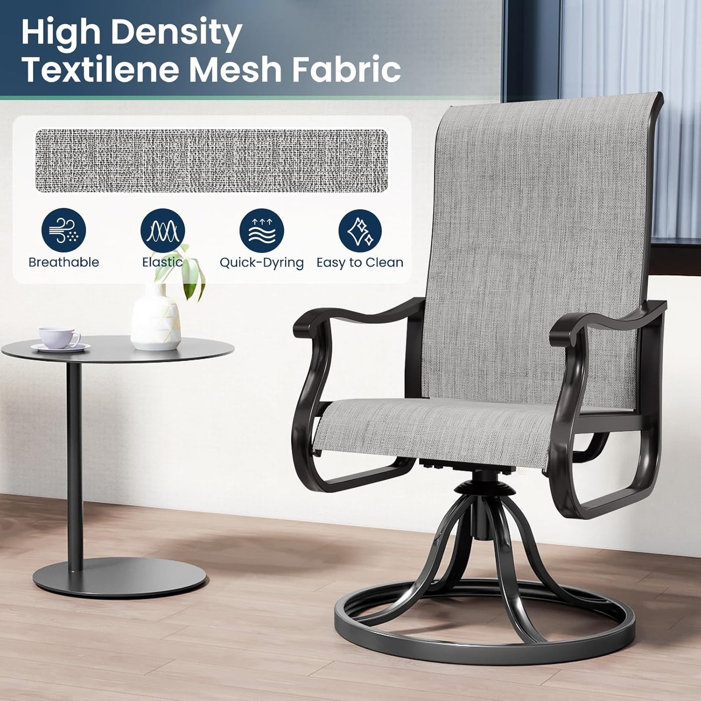 Amopatio Patio Swivel Chairs Set of 8, Outdoor Swivel Rocker Dining Chairs with All Weather Textilene High Back & Metal Frame, for Backyard Deck Lawn, Light Gray