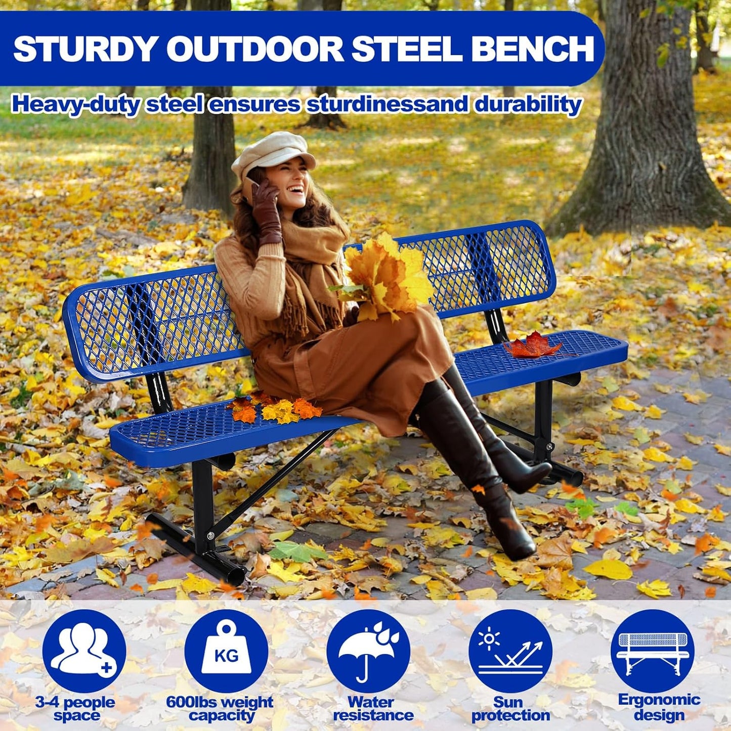 Outdoor Garden Bench, Cast Iron Metal Frame Patio Park Bench with Backrest, Portable Expanded Metal Black Bench, Commercial-Grade Outdoor Seating for Lawn, Patio, Park, Yard, Garden (Blue, 6FT/72')