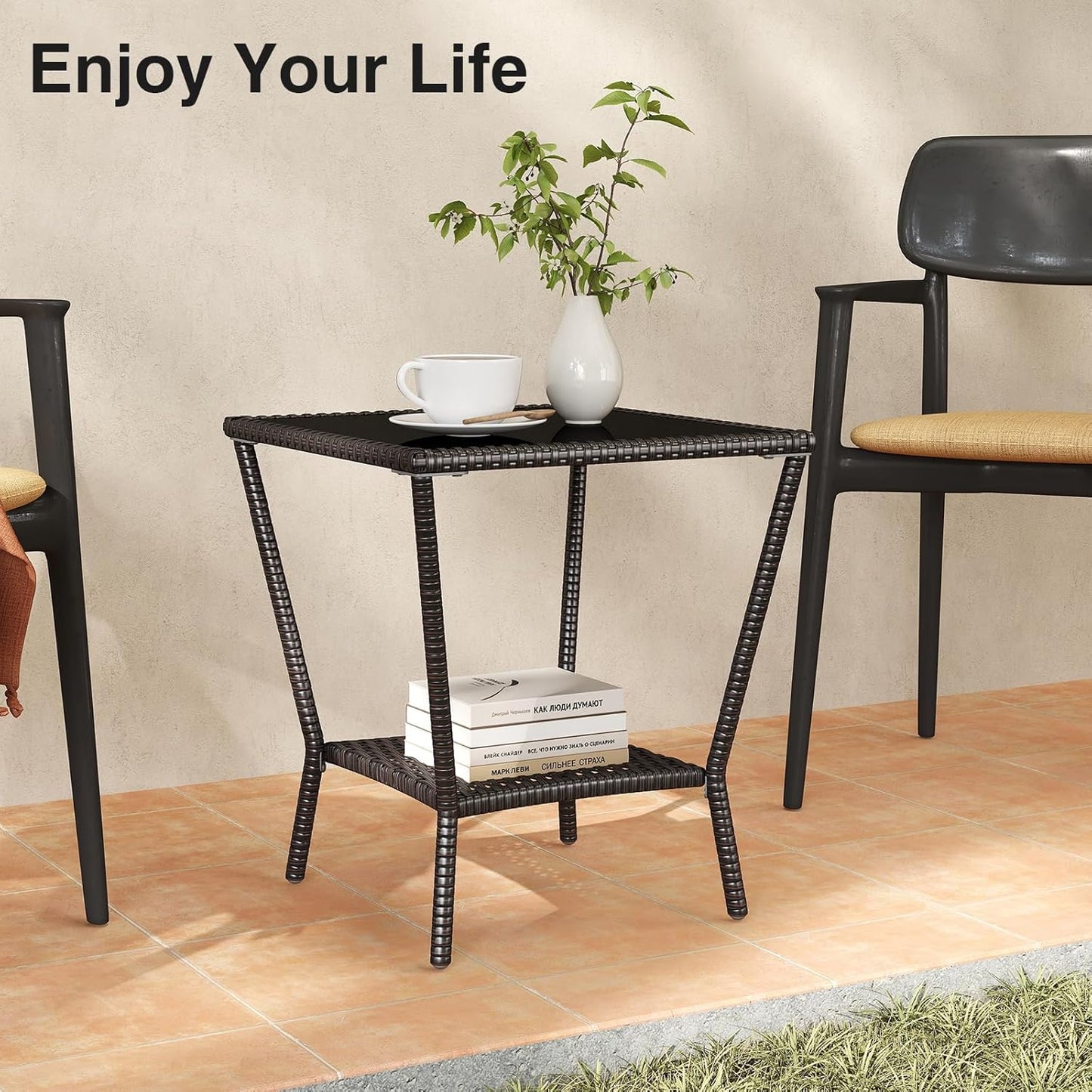 Outdoor Small Patio Table - PE Rattan Coffee Table, Wicker Side Table for Patio, Balcony & Porch, Durable & Iron Frame (2, Black Brown)