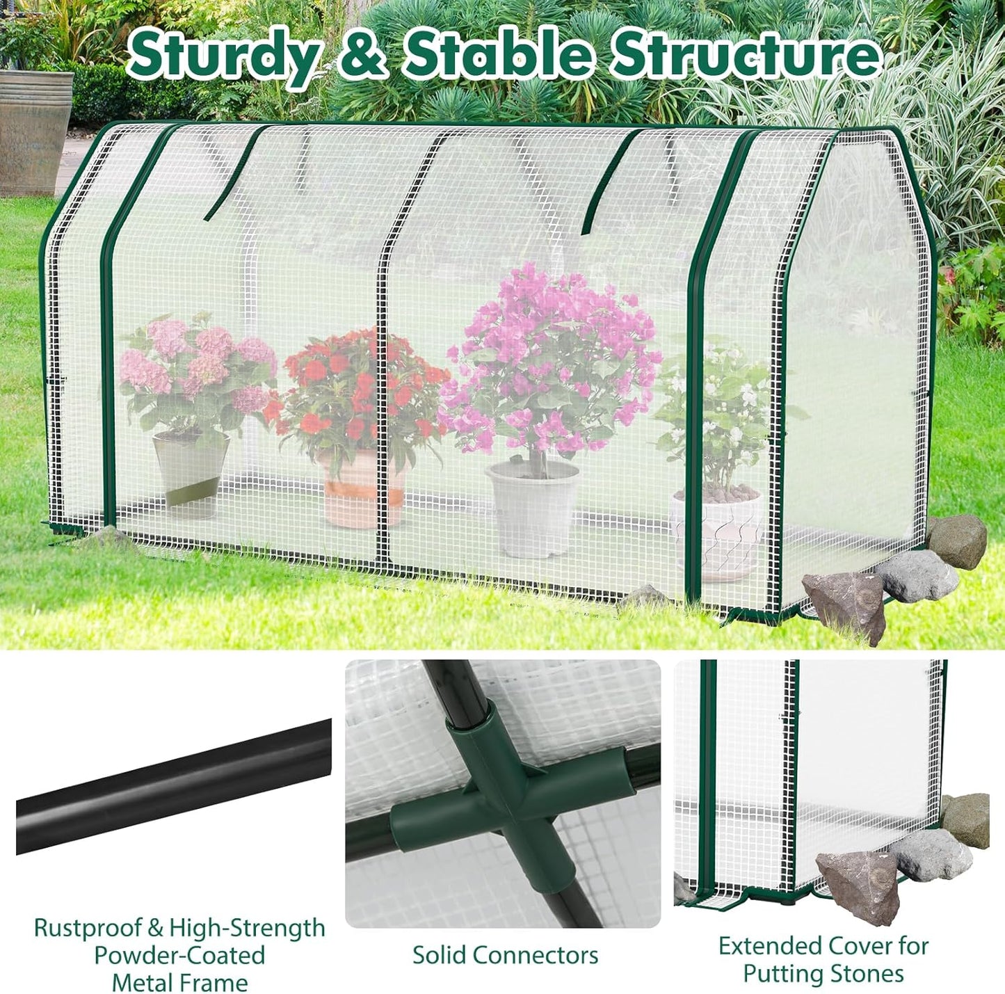 Happygrill Portable Mini Greenhouse w/Roll-up Zipper Door & All-Weather PE Cover, Outdoor & Indoor Greenhouse for Raised Garden Bed, Vegetables, Flowers, Patio, Lawn, Yard, Balcony