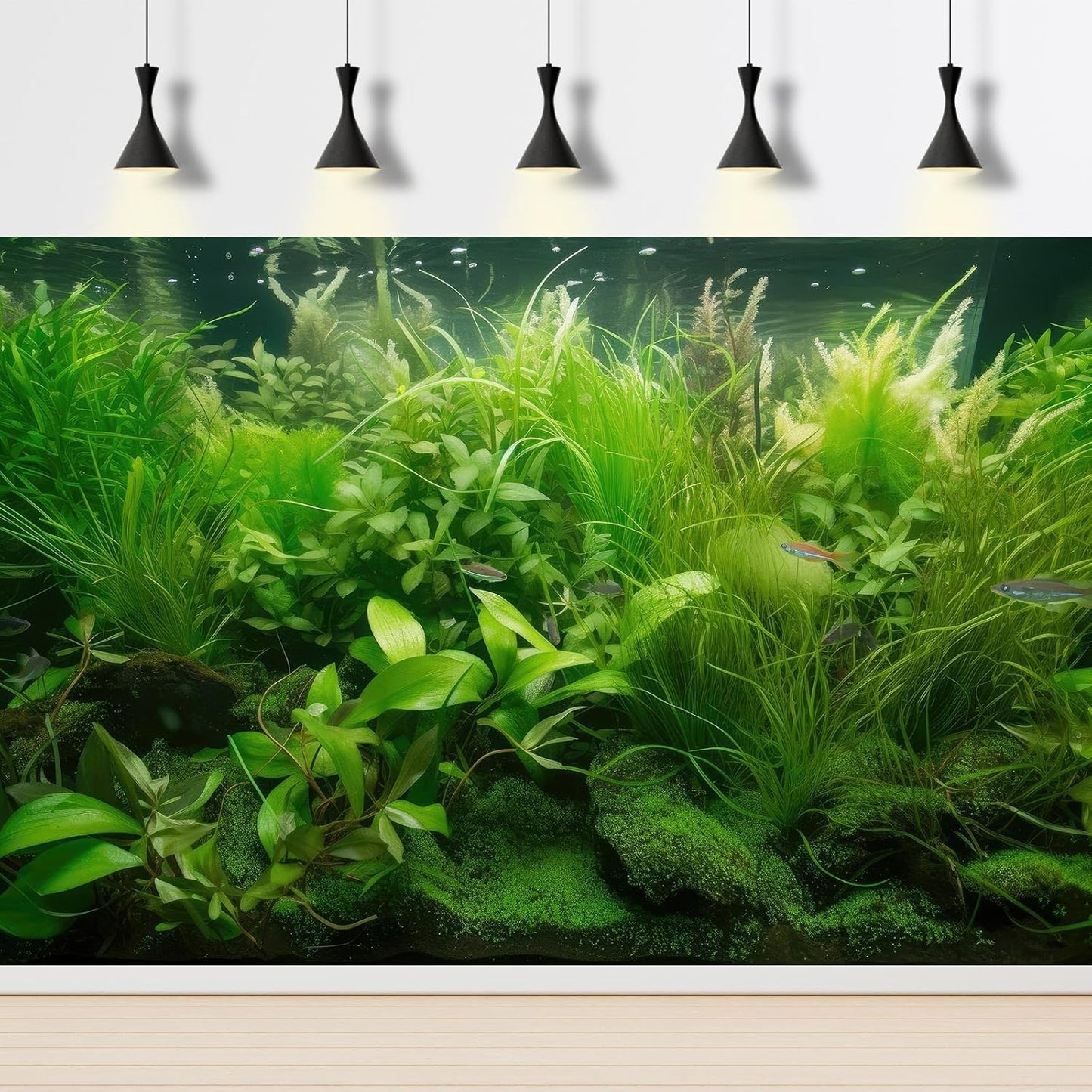 Aquarium Background Diverse Collection of Aquatic Plants Seagrasses Terrarium Background Redwood Root Moss Tropical Style Underwater Lush Green Plants Fish Tank Background Wallpaper Poster 72x16in