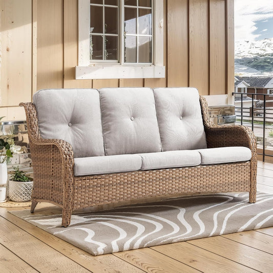 Outdoor Couch Wicker Patio Sofa - 75Inch Rattan Sofa with Hight Backrest Wide Armrest, All Weather Outdoor 3 Seater Seating Wicker Couch for Balcony Proch Deck Backyard Yellow/Beige