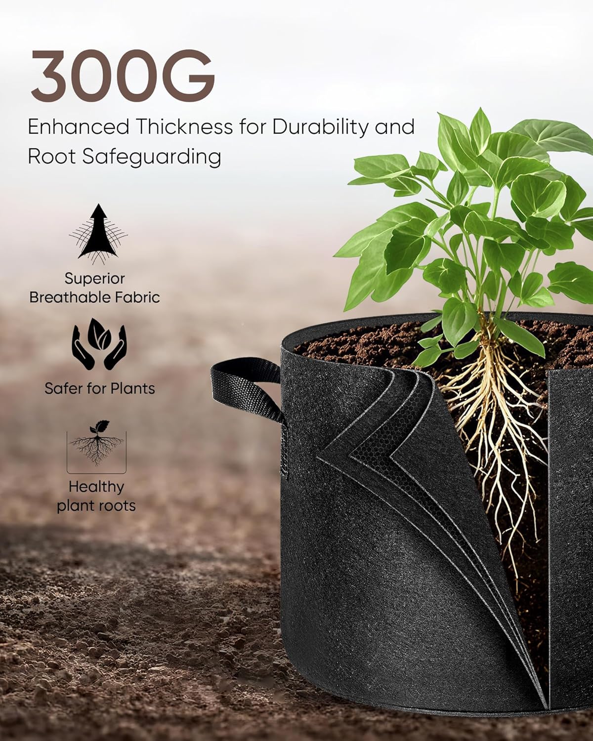 The Growing 5 Pack 3 Gallon Fabric Grow Bags，Thickened Aeration Nonwoven Fabric Plant Pots with Durable Handles,Heavy Duty 300G Planter Pot for Tomato, Fruits, Vegetables and Flowers, Black